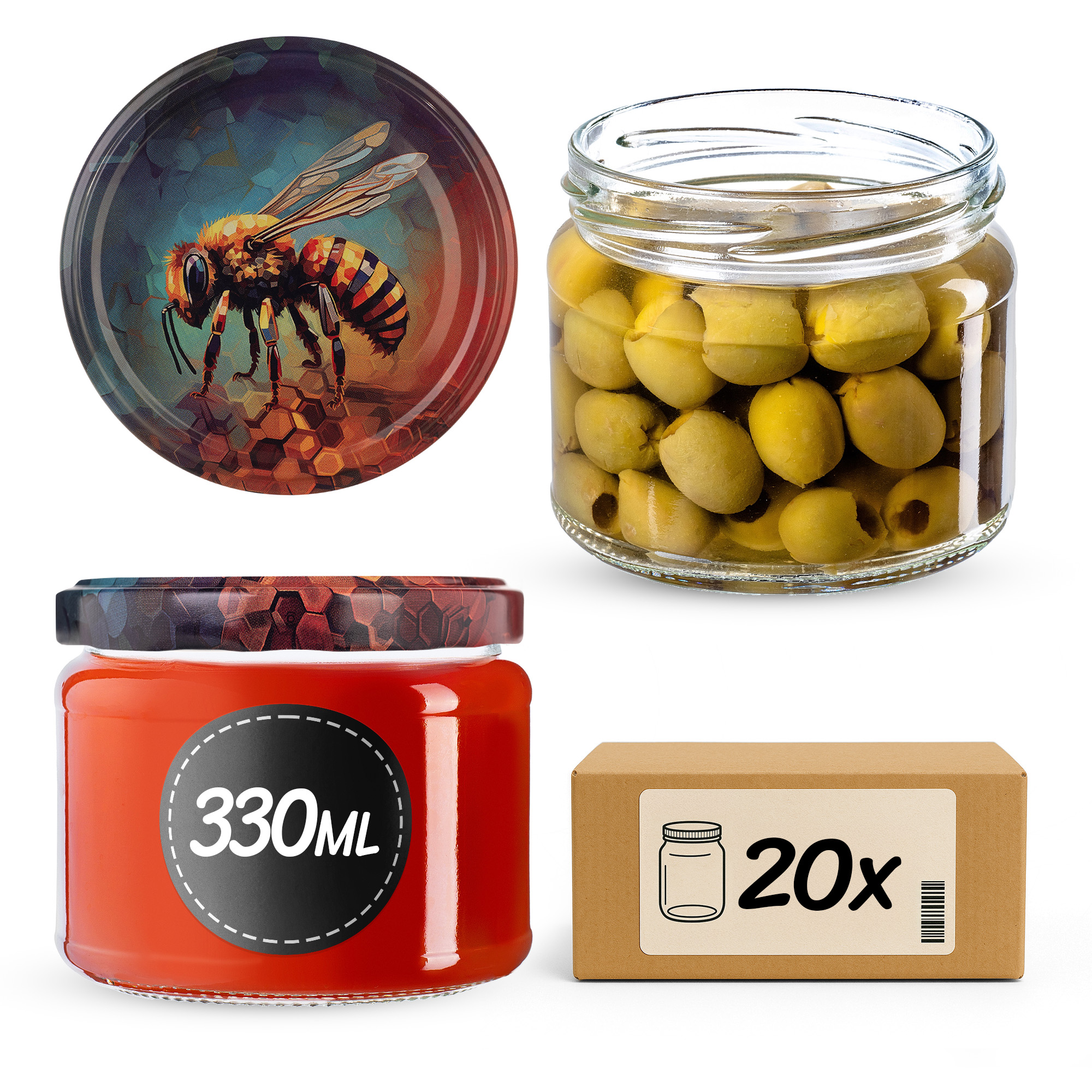 Słoiki na przetwory Sonka 330ml fi82mm 20szt + wieczko Pszczoła