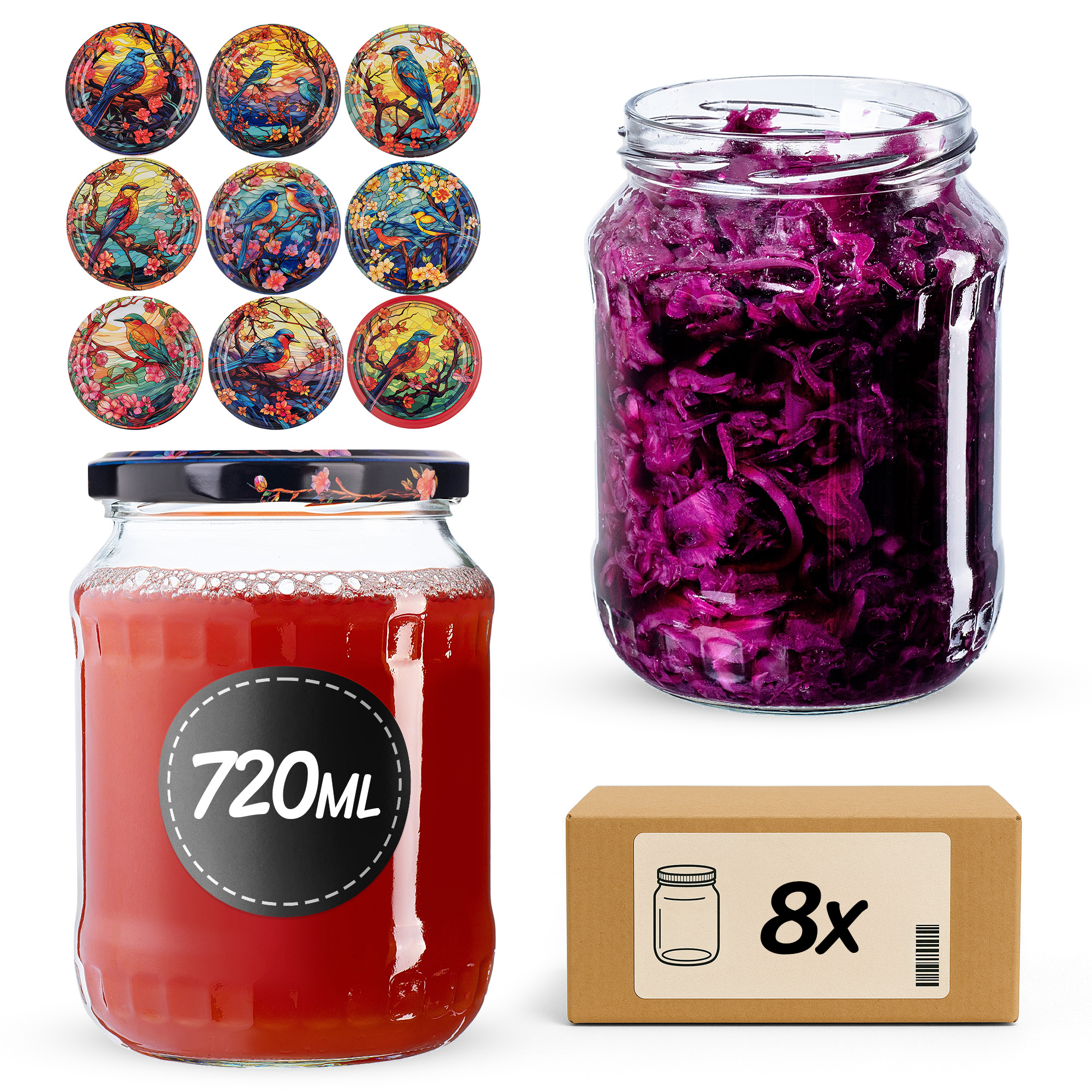 Słoiki na przetwory Jukka 720ml fi82mm 8szt + wieczko Ptaki
