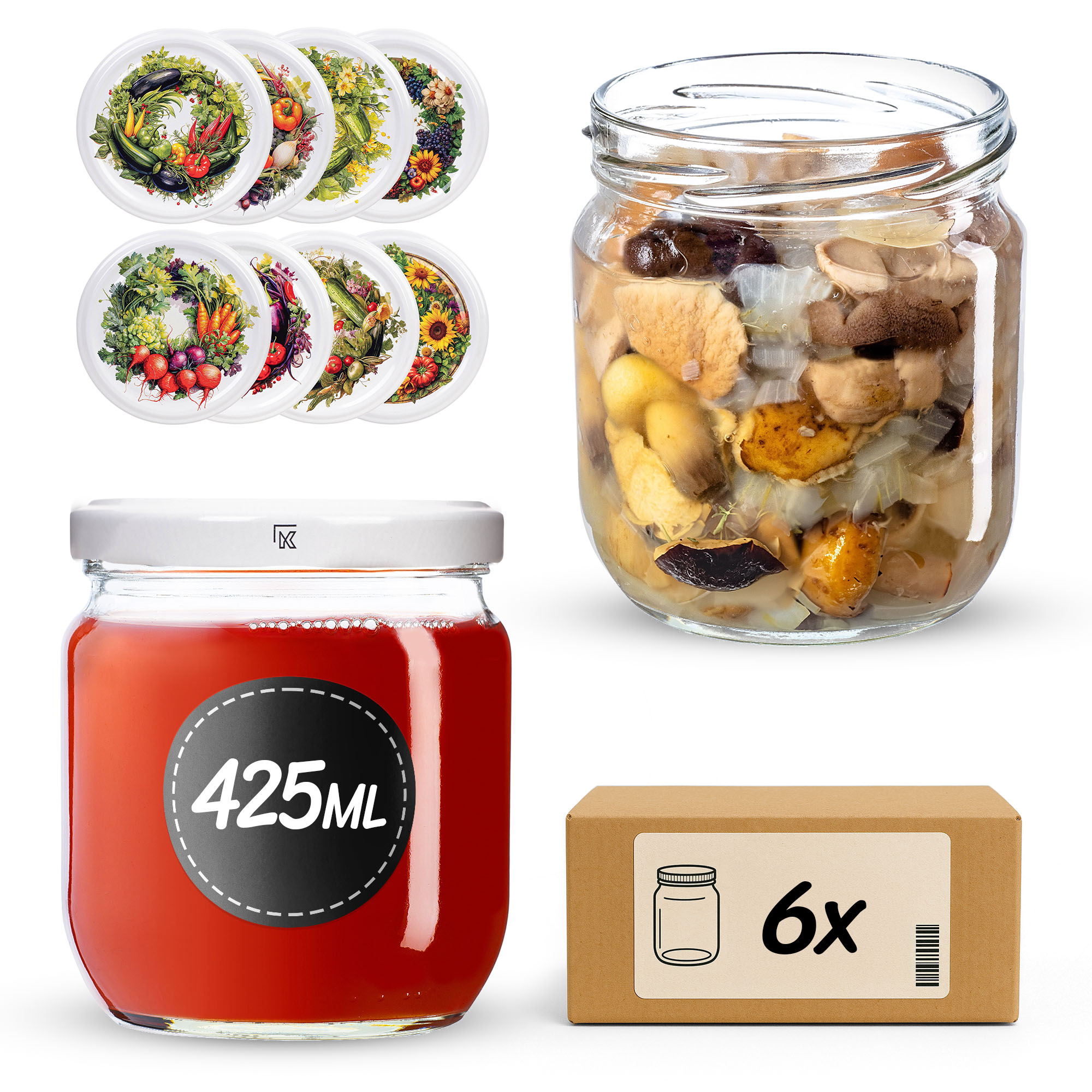 Słoiki na przetwory Salla 425ml fi82mm 6szt + wieczko Garden wreath