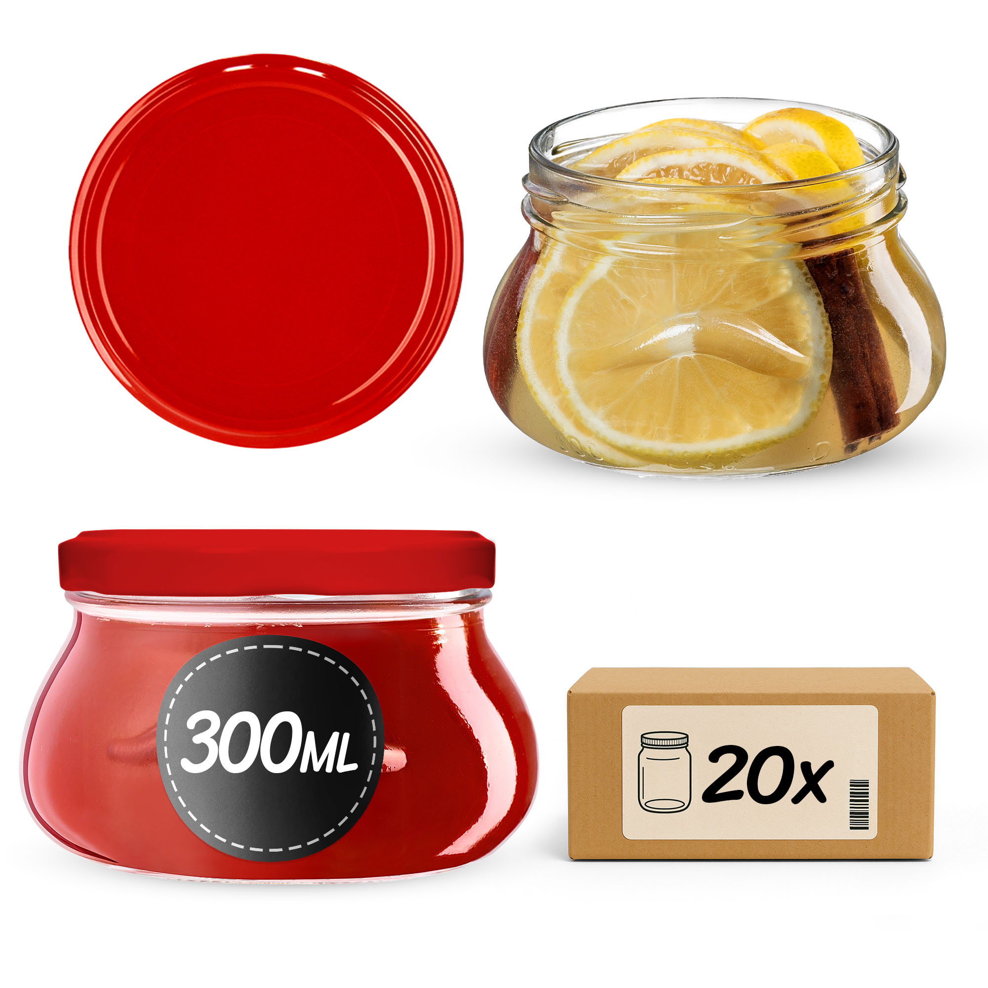 Słoiki na przetwory Raja 300ml 20szt 82mm + wieczka czerwone