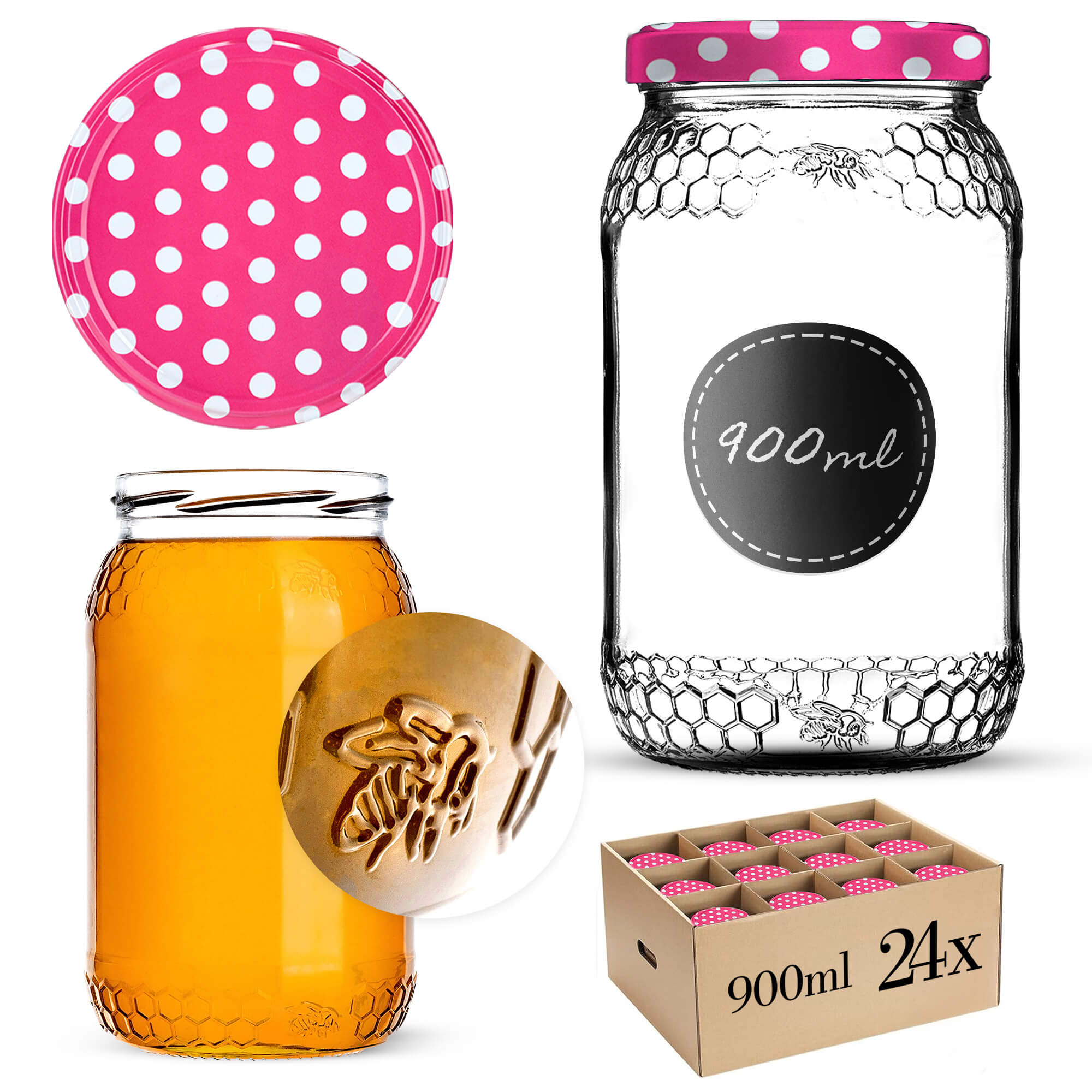 Szklany słój Lierde 900ml 82mm 24 szt. + wieczka "Różowy groszek"