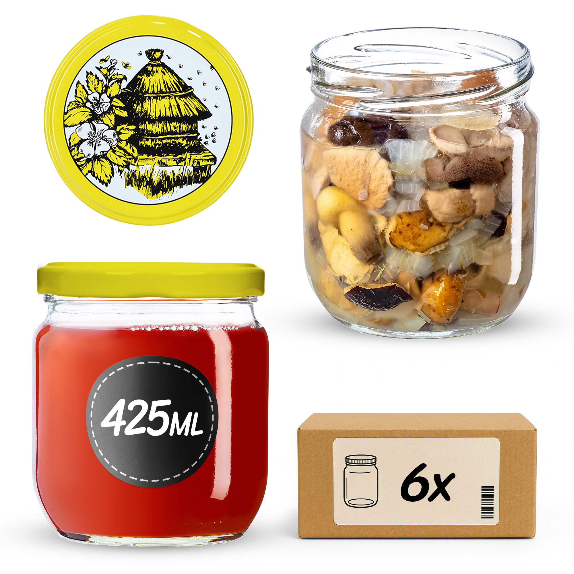 Słoiki na przetwory Salla 425ml 6szt 82mm + wieczka "Pszczoły"
