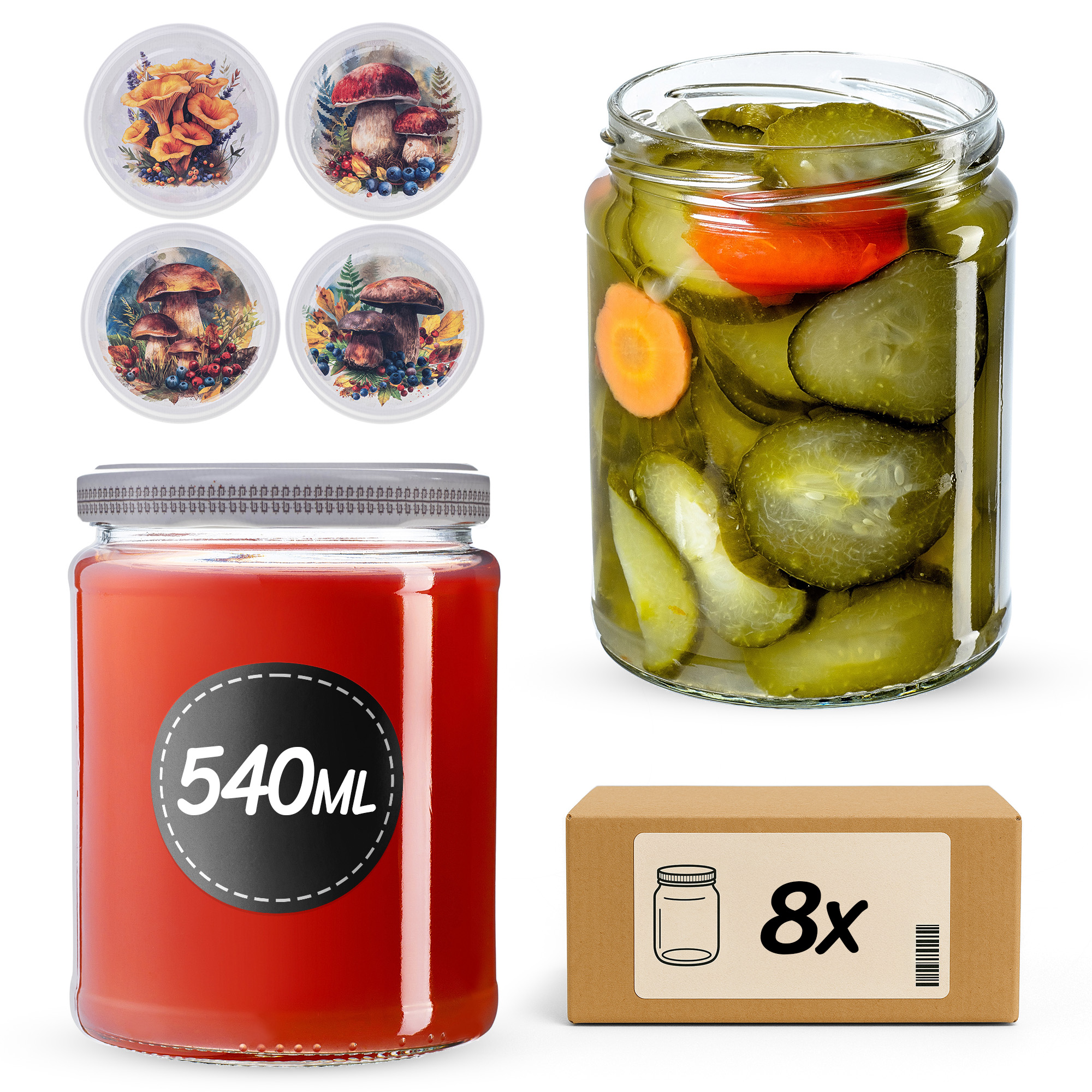 Słoiki na przetwory Maki 540ml fi82mm 8szt + wieczko Grzyb akwarela