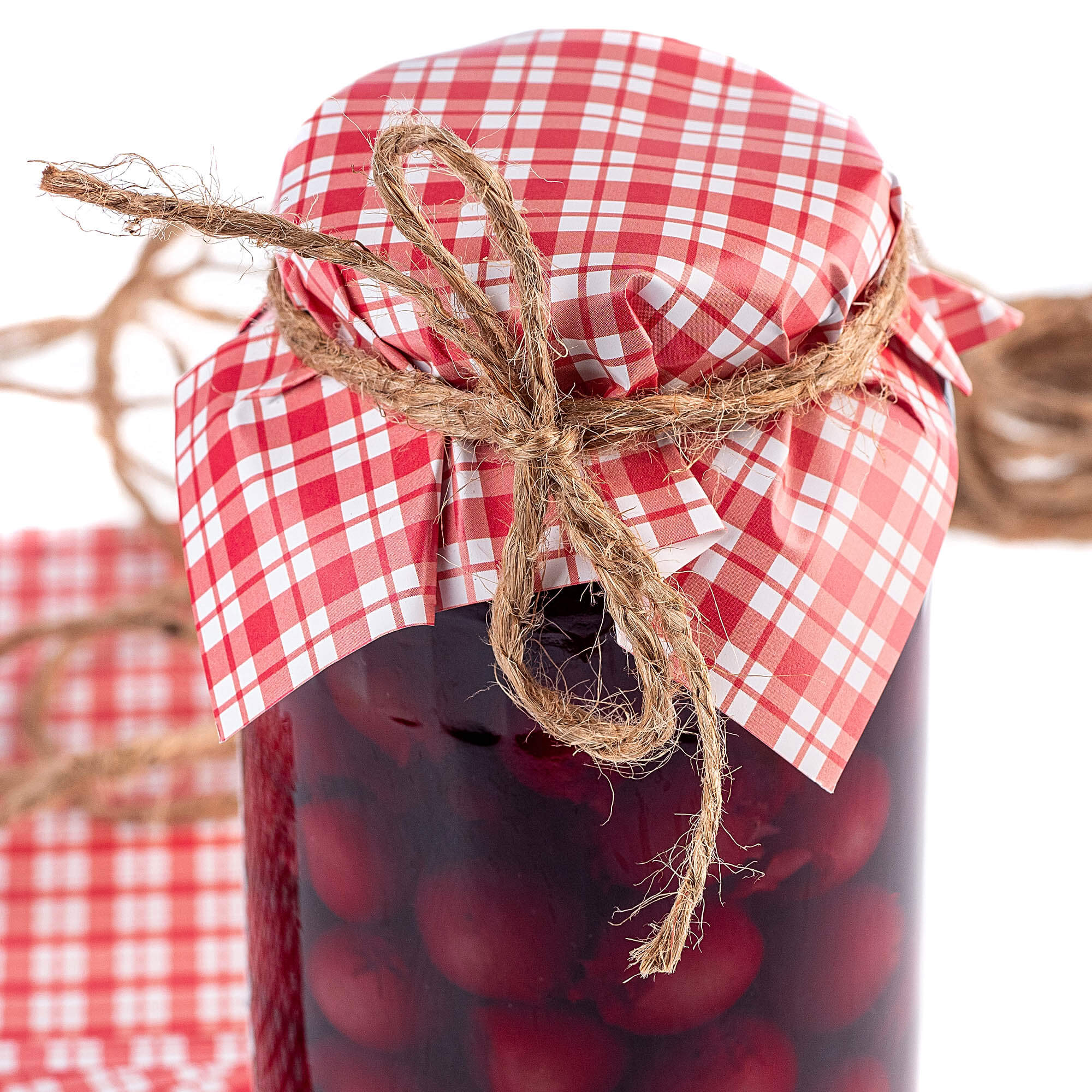 Kapturki na słoiki Maja ze sznurkiem, 10szt, "Czerwona krata"
