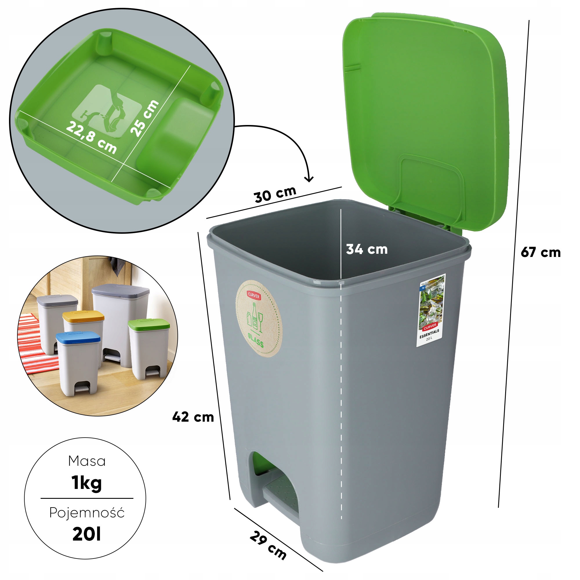 Kosz na śmieci Curver Essentials 20L, zielony