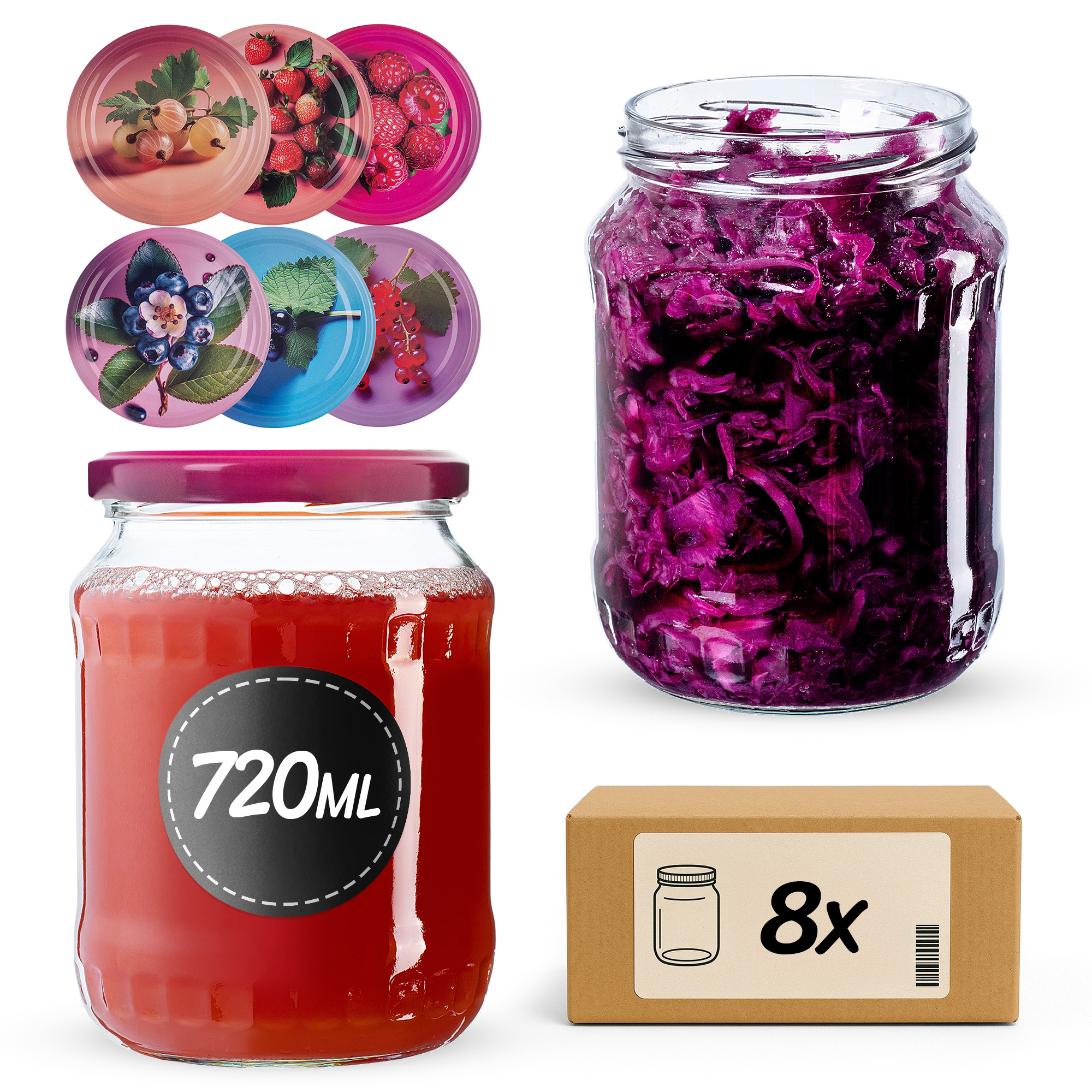 Słoiki na przetwory Jukka 720ml fi82mm 8szt + wieczko Jagodowy mix