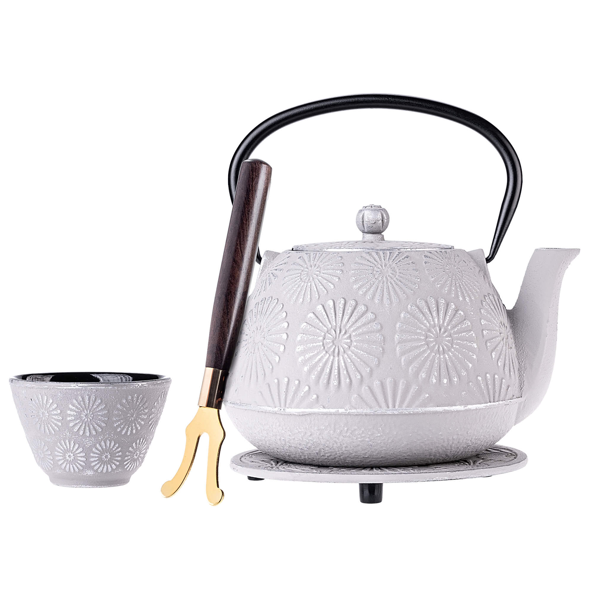 Czajnik żeliwny z czarkami i zaparzaczem Genua biały