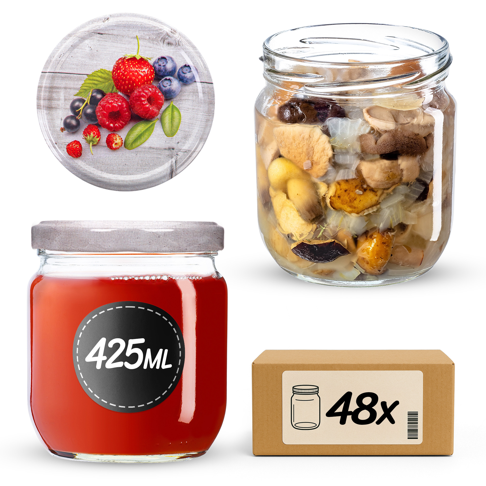 Słoiki na przetwory Salla 425ml fi82mm 48szt + wieczko Owoce