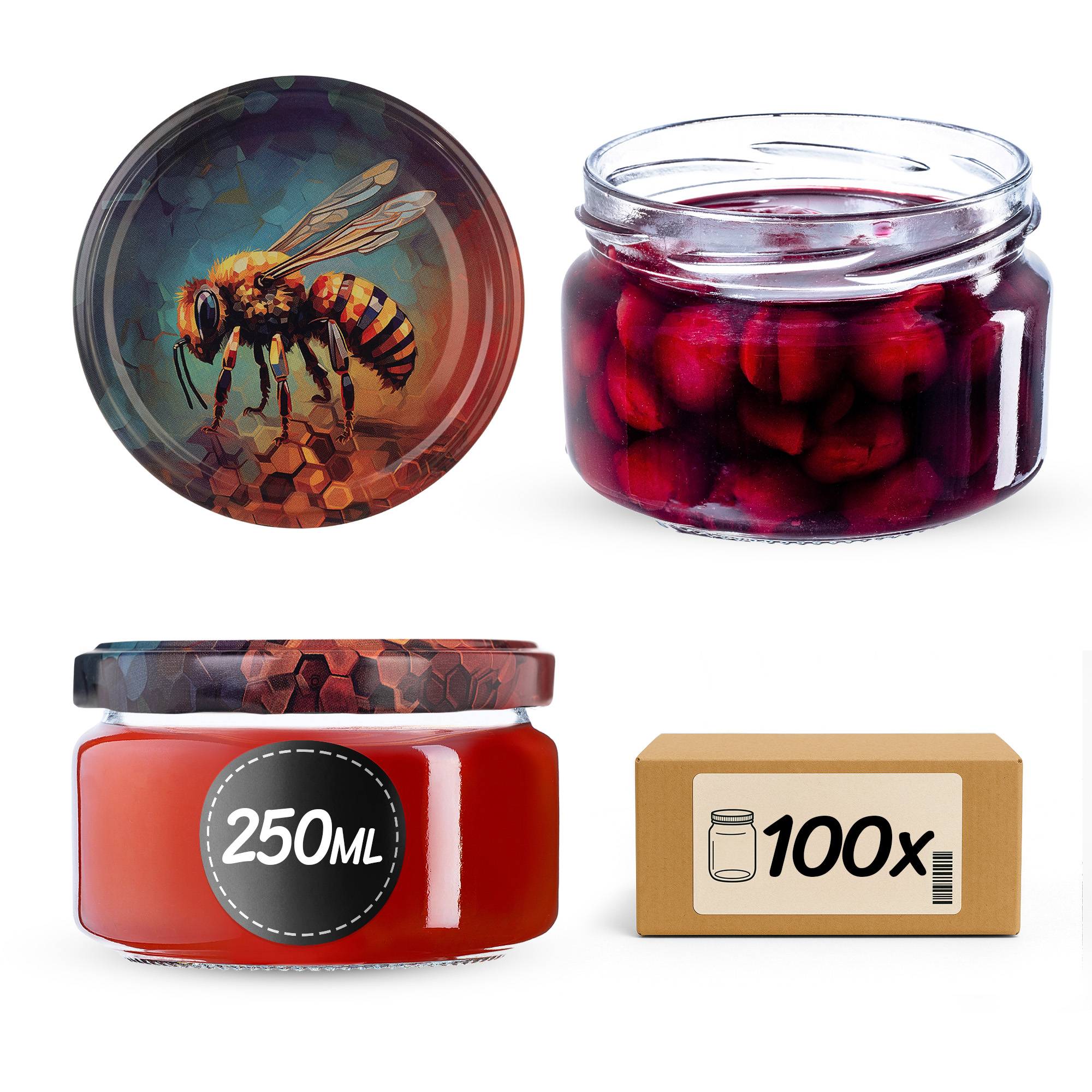 Słoiki na przetwory Denia 250ml 100szt 82mm + wieczko "Pszczoła"