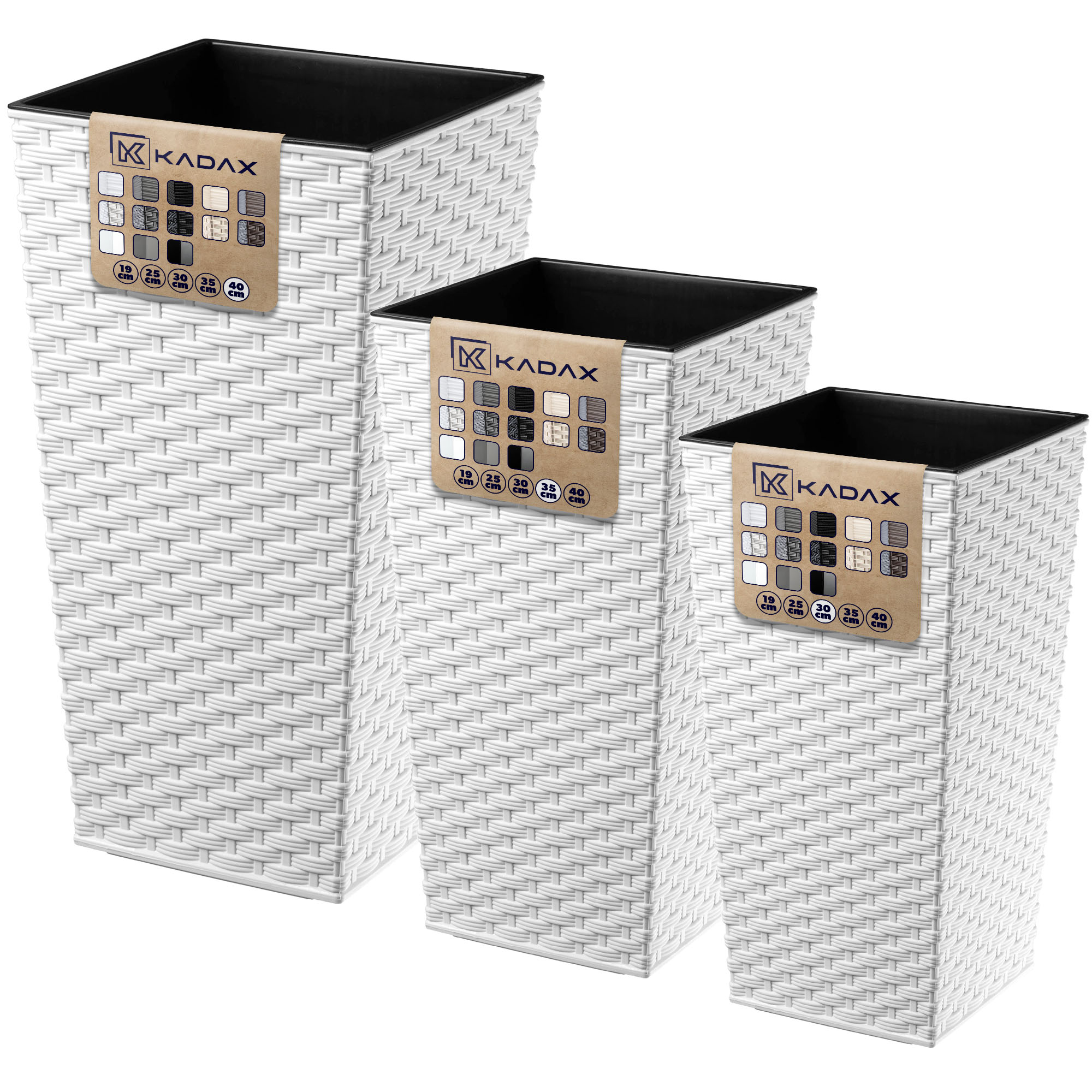 Donice na kwiaty z wkładem Pesaro rattan 30 cm +35 cm + 40 cm, białe