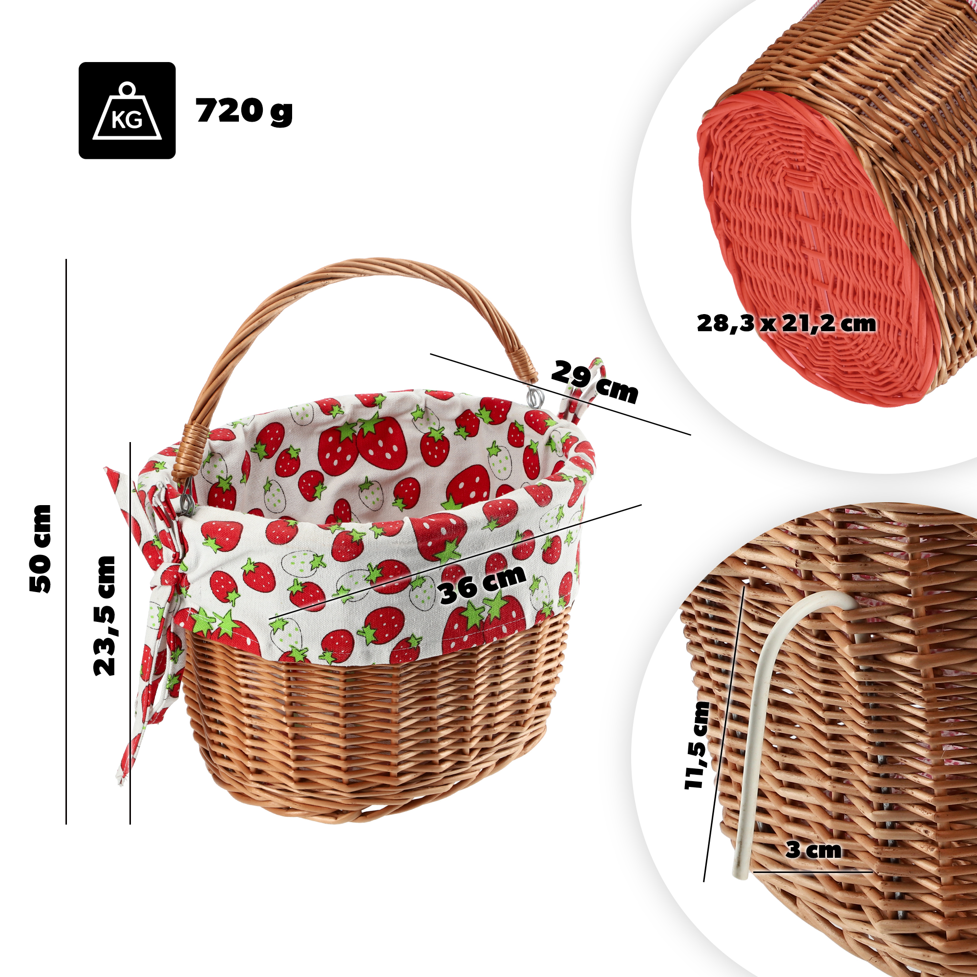 Kosz rowerowy Iseo 50 x 29 cm, truskawki