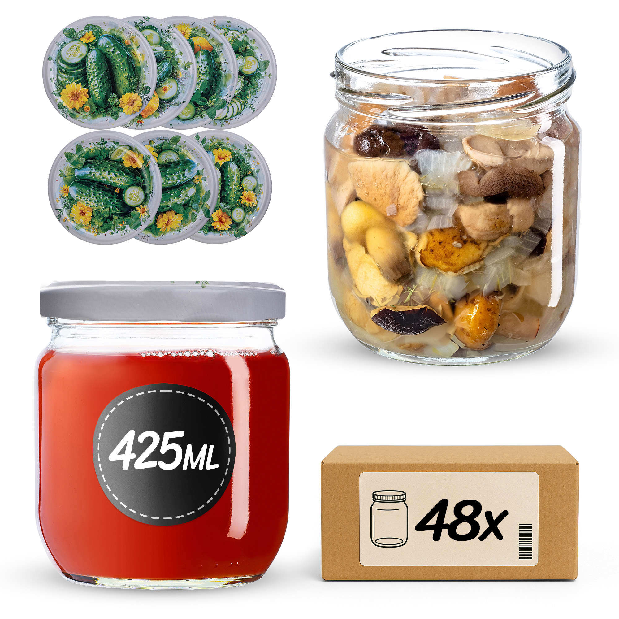 Słoiki na przetwory Salla 425ml fi82mm 48szt + wieczko Kompozycja ogórkowa