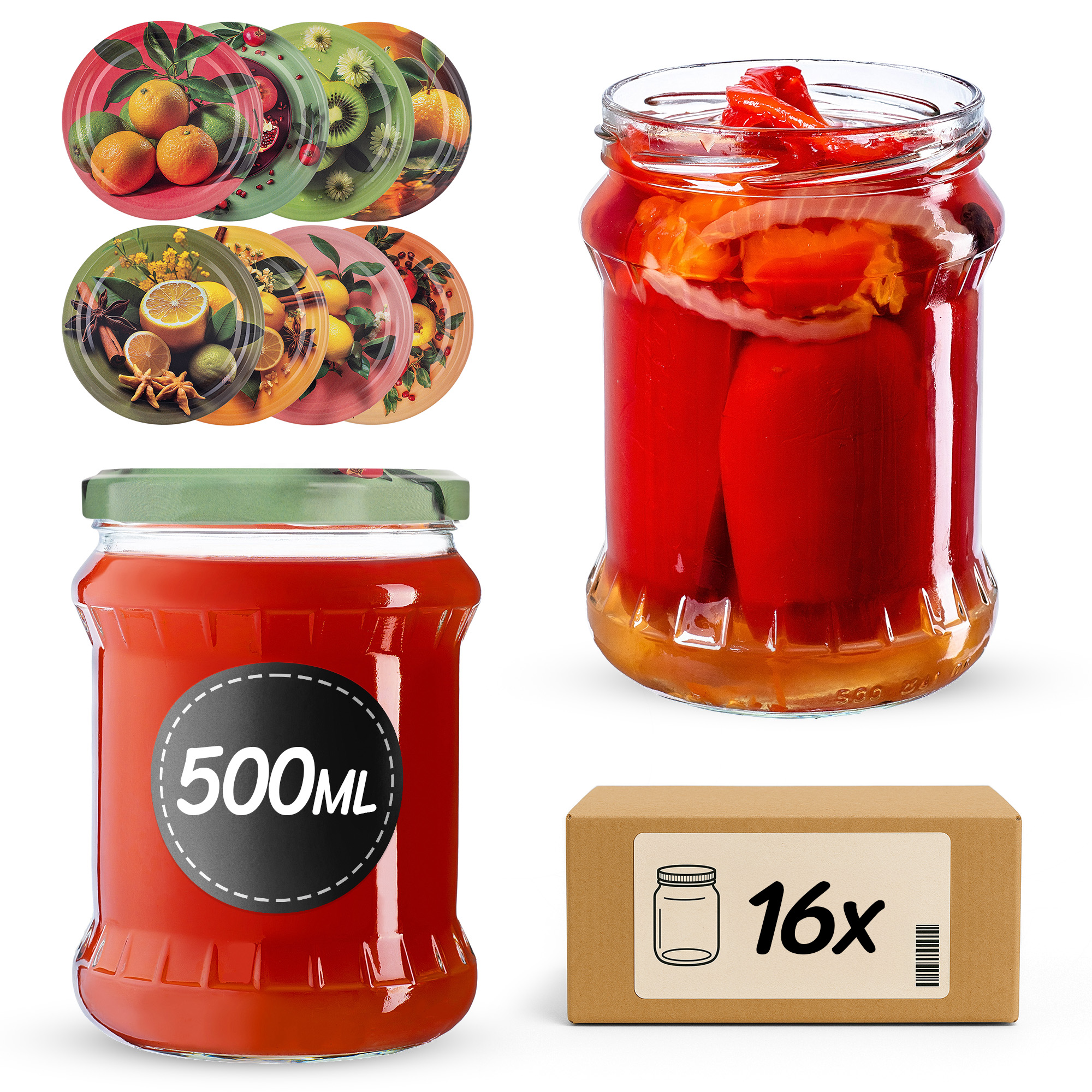 Słoiki na przetwory Kisko 500ml fi82mm 16szt + wieczko Egzotyczne owoce