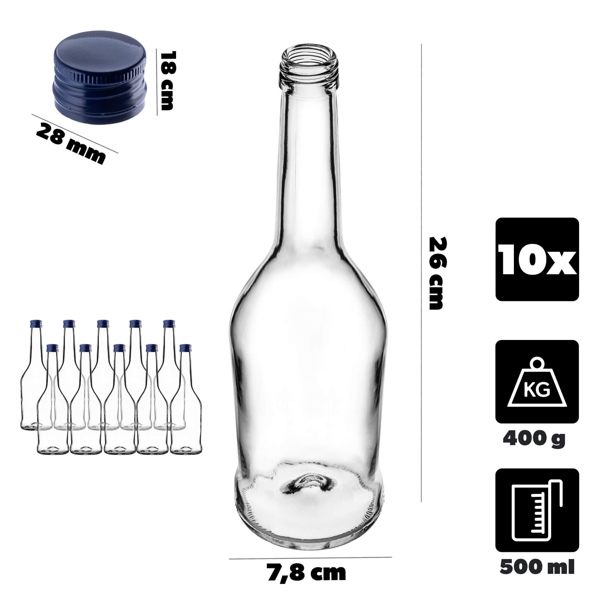 Szklana butelka na nalewkę Loiret 500ml z granatową zakrętką 10 szt.