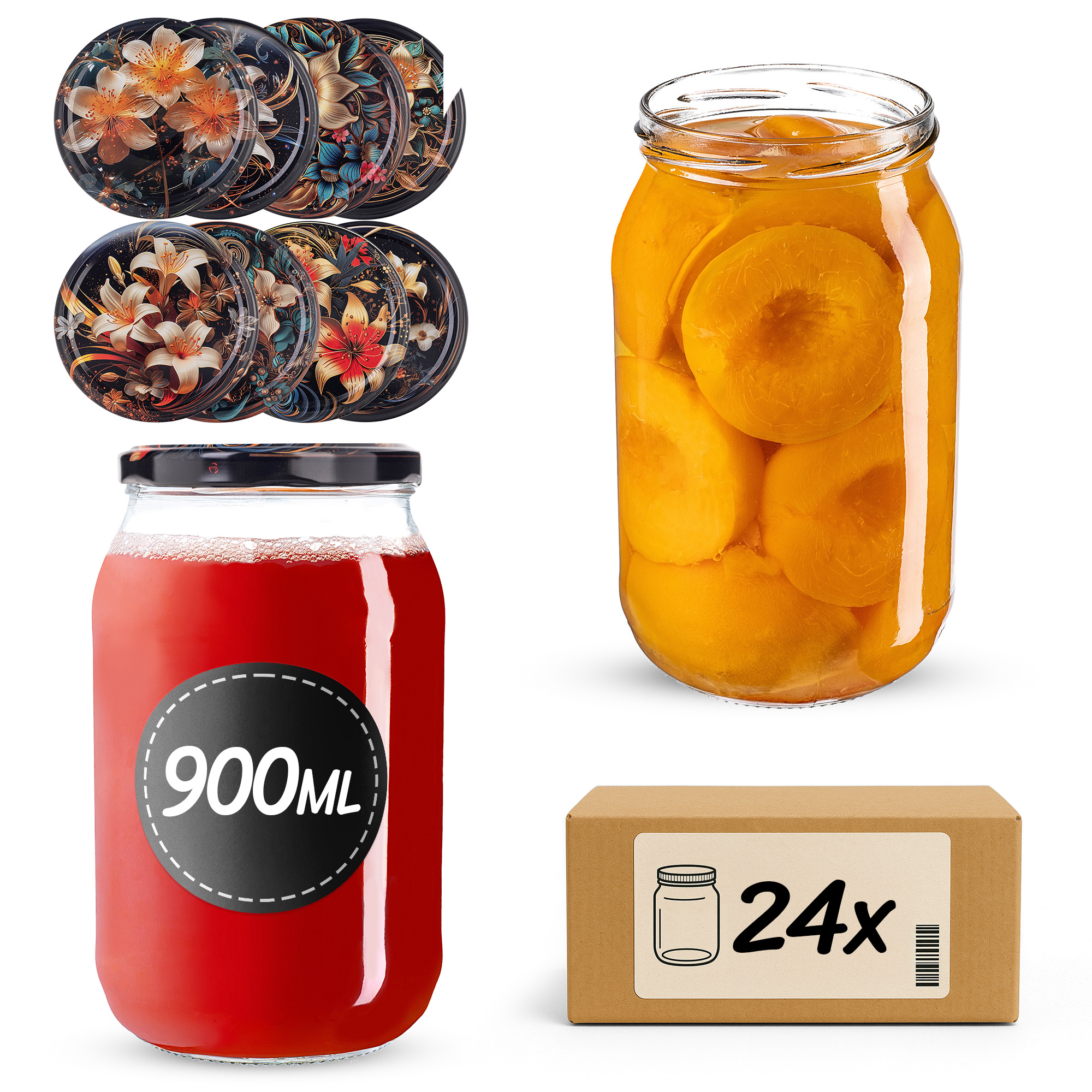 Słoiki na przetwory Simo 900ml fi82mm 24szt + wieczko Kwiaty