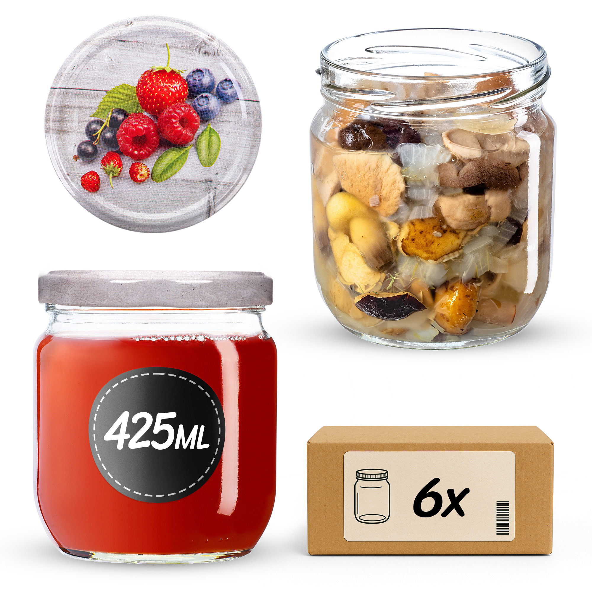 Słoiki na przetwory Salla 425ml fi82mm 6szt + wieczko Owoce