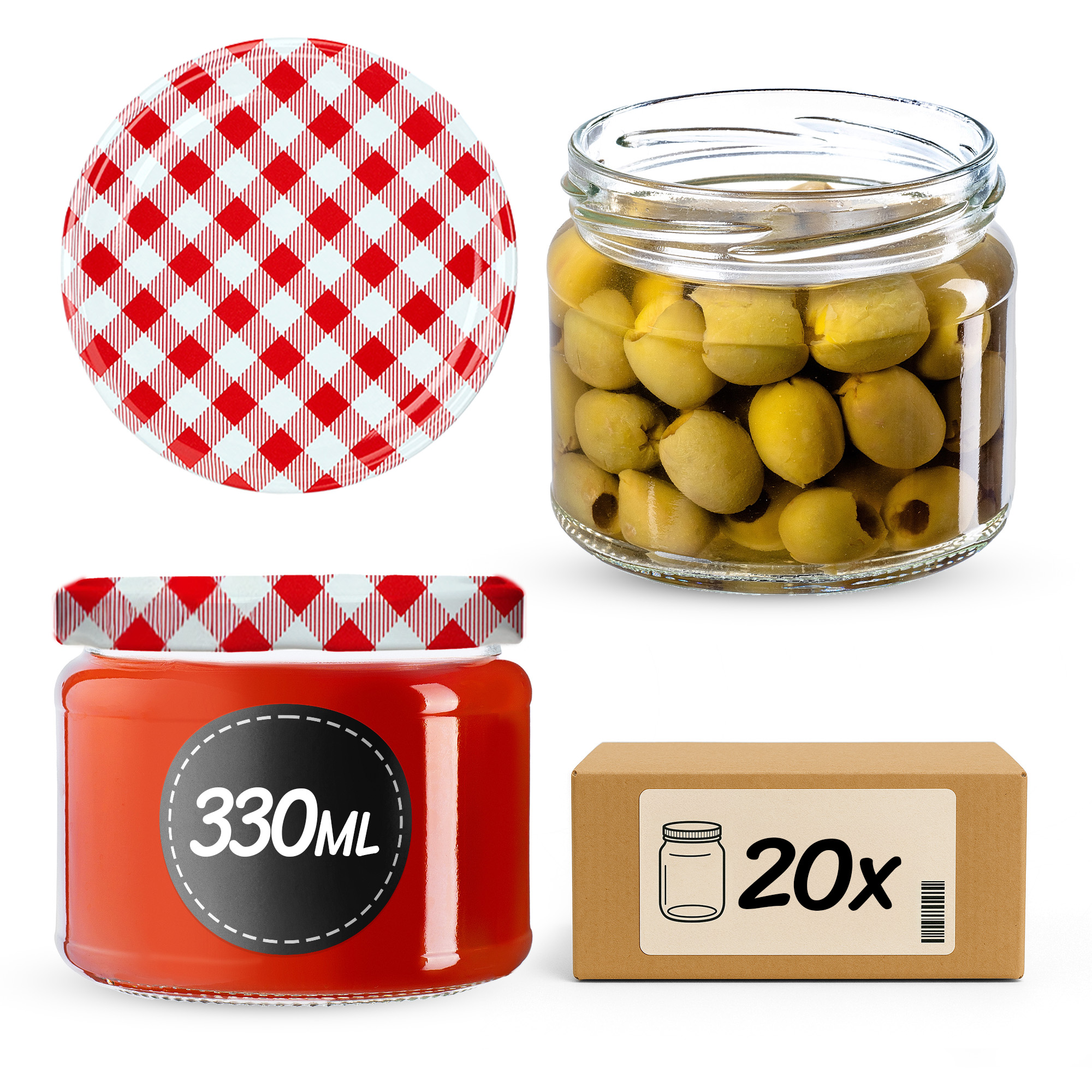 Słoiki na przetwory Sonka 330ml 20szt 82mm + wieczka "Czerwona Krata"