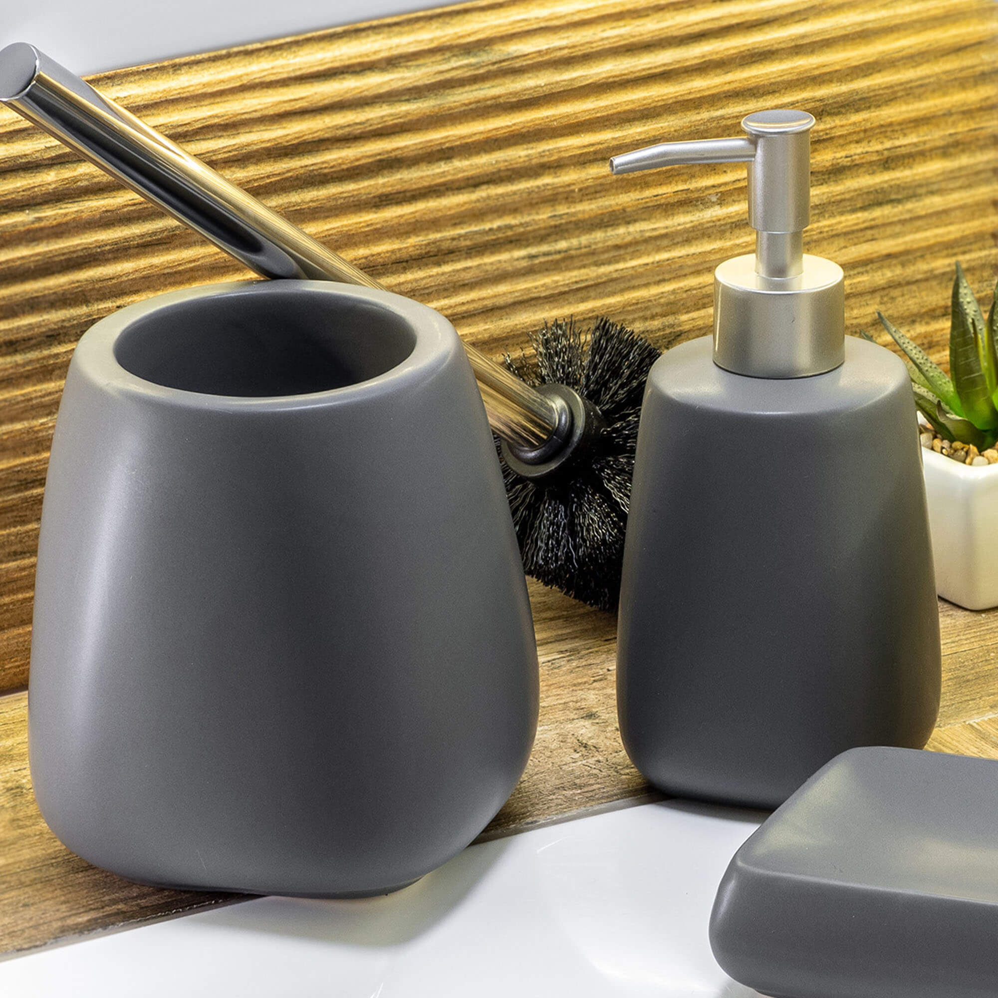 Zestaw dozownik na mydło + szczotka WC, szary