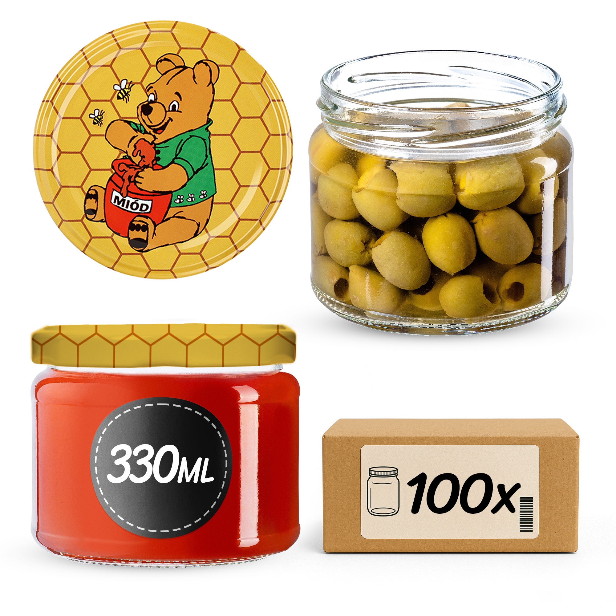Słoiki na przetwory Sonka 330ml 100szt 82mm + wieczka "Miód"