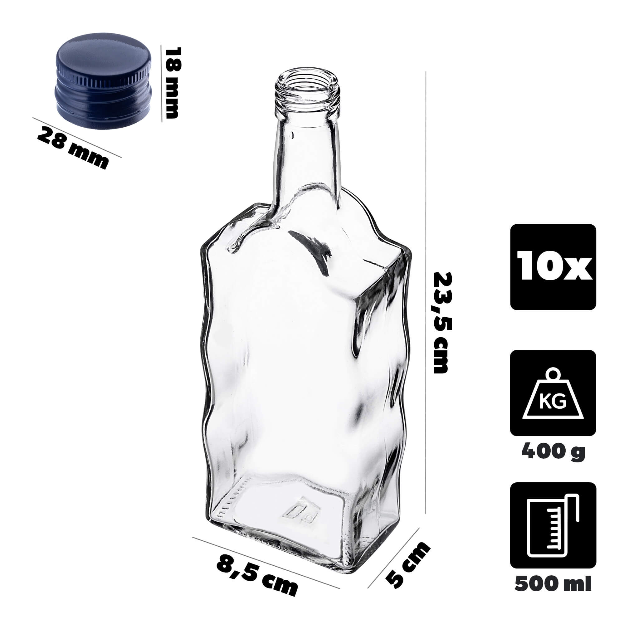 Szklana butelka na nalewkę Fala 500ml z granatową zakrętką 10 szt.