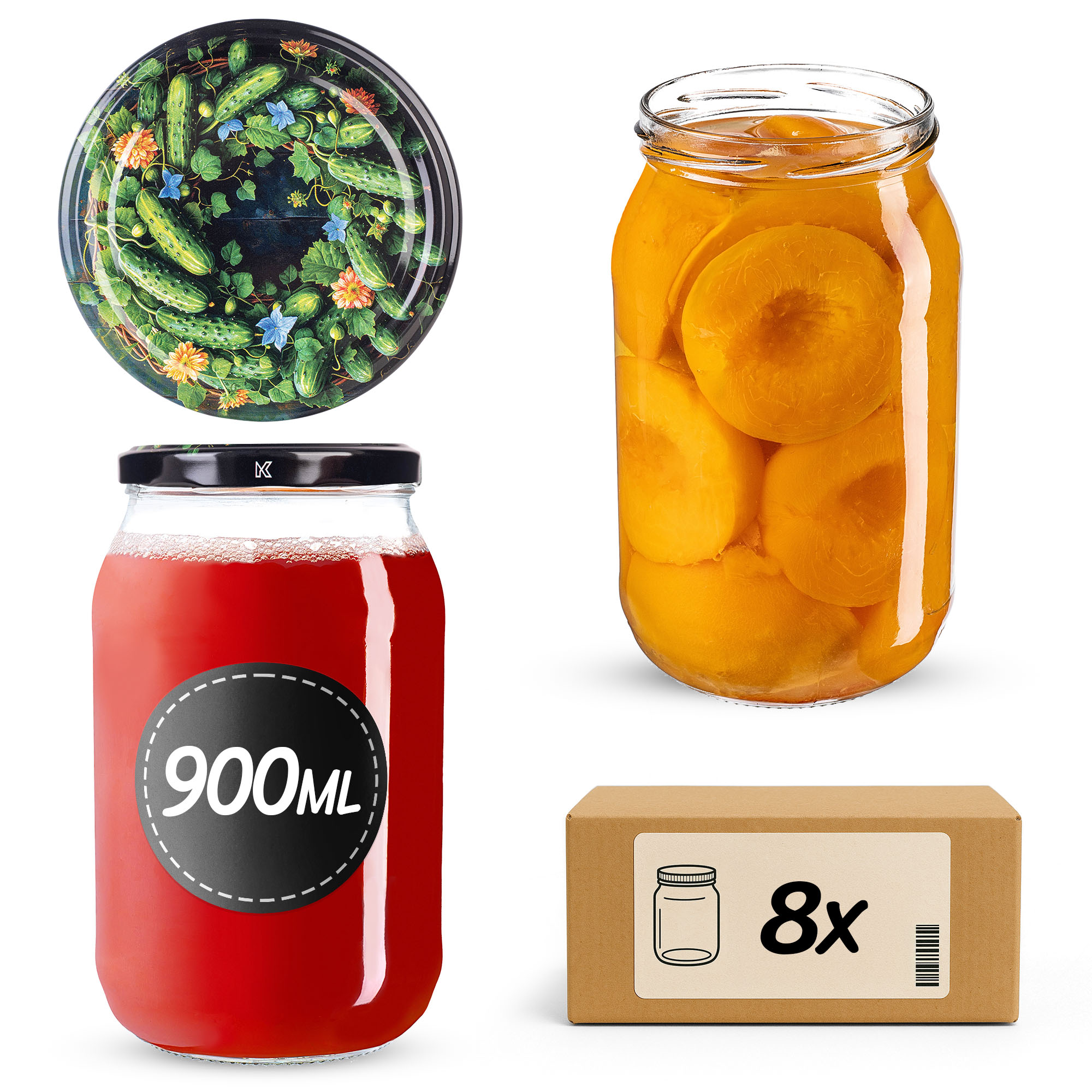 Słoiki na przetwory Simo 900ml fi82mm 8szt + wieczko Ogórki czarne