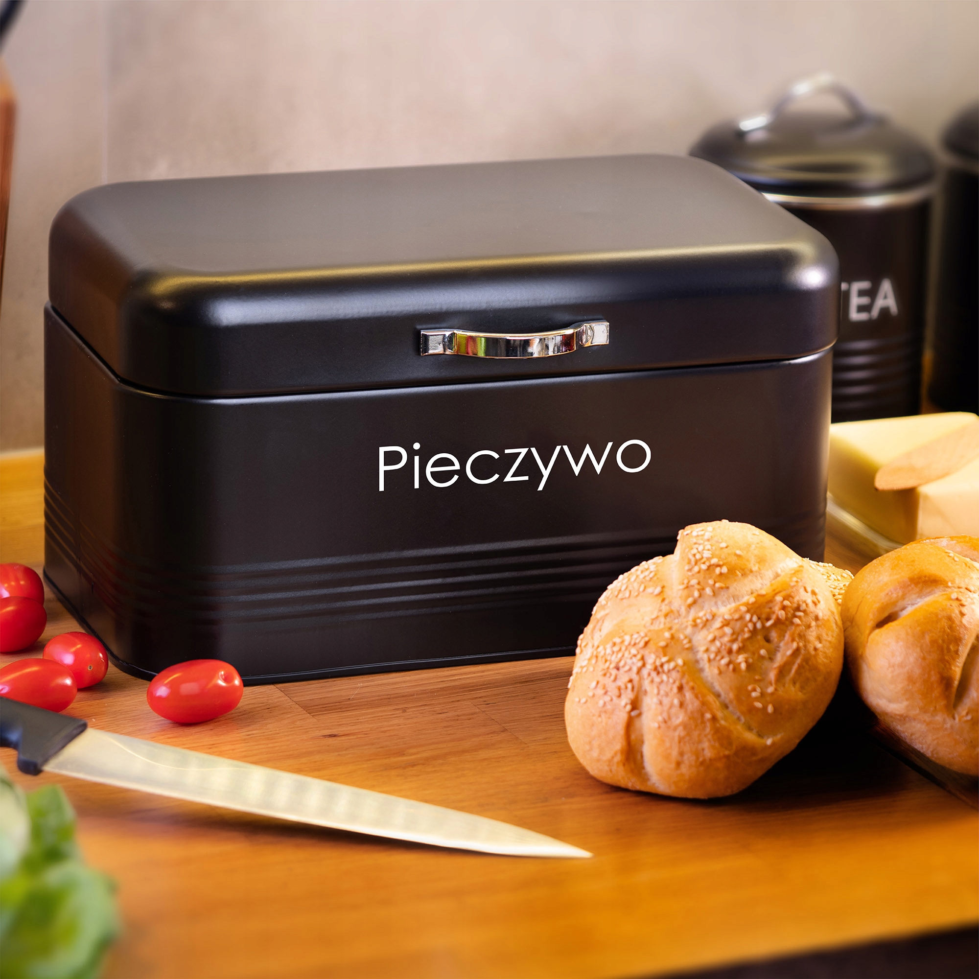 Zestaw pojemników Tufo na chleb, kawę, herbatę i cukier, czarny