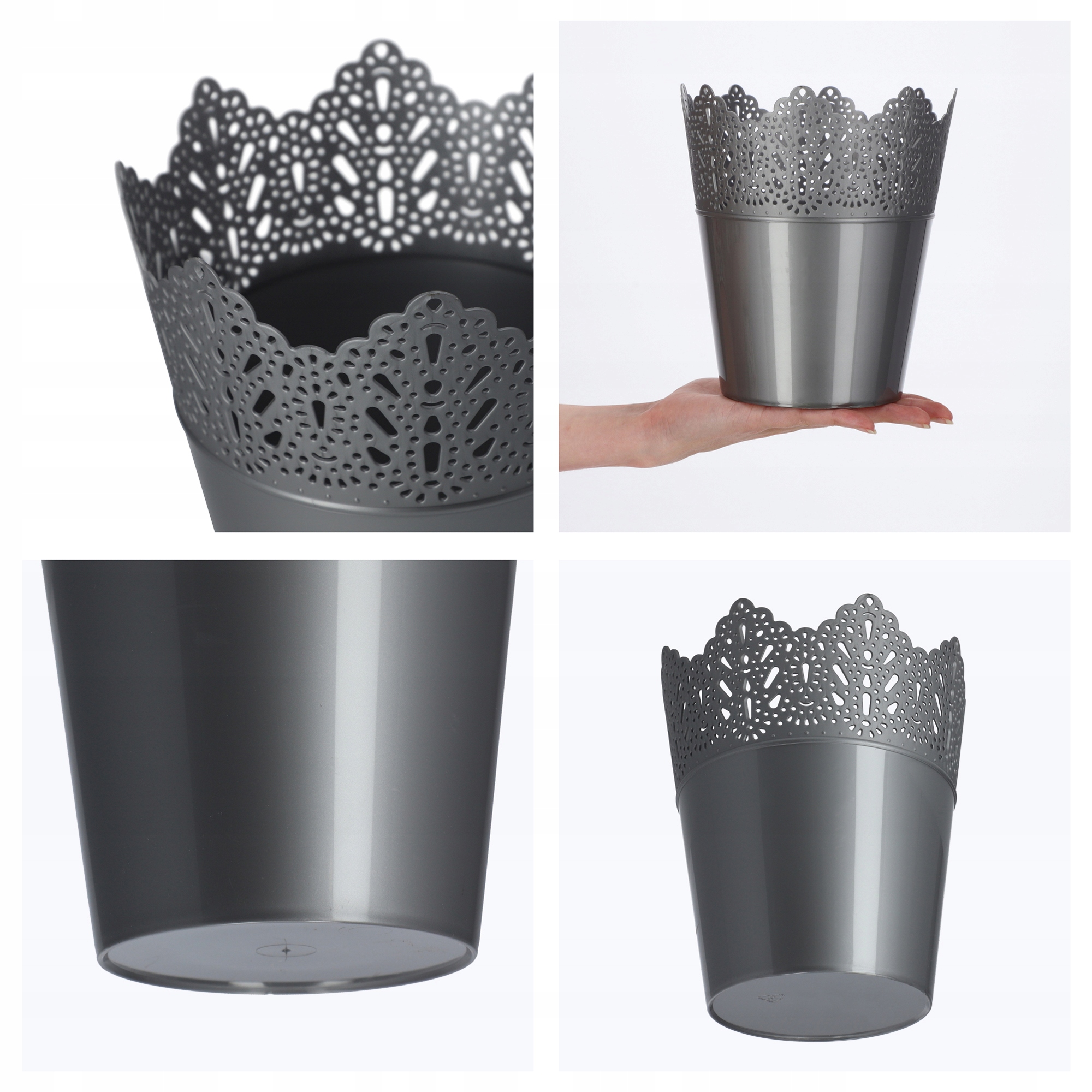 Doniczka Calade na kwiaty z koronką 16 x 18 cm, srebrna