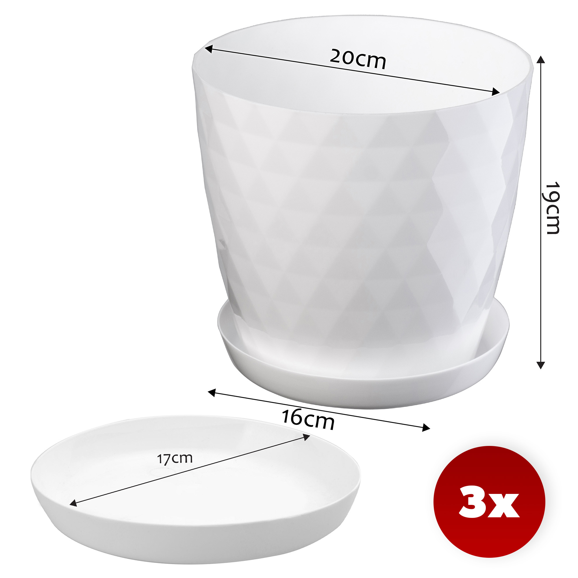 Doniczka na kwiaty z podstawką biała Amily 20 cm, 3 szt.