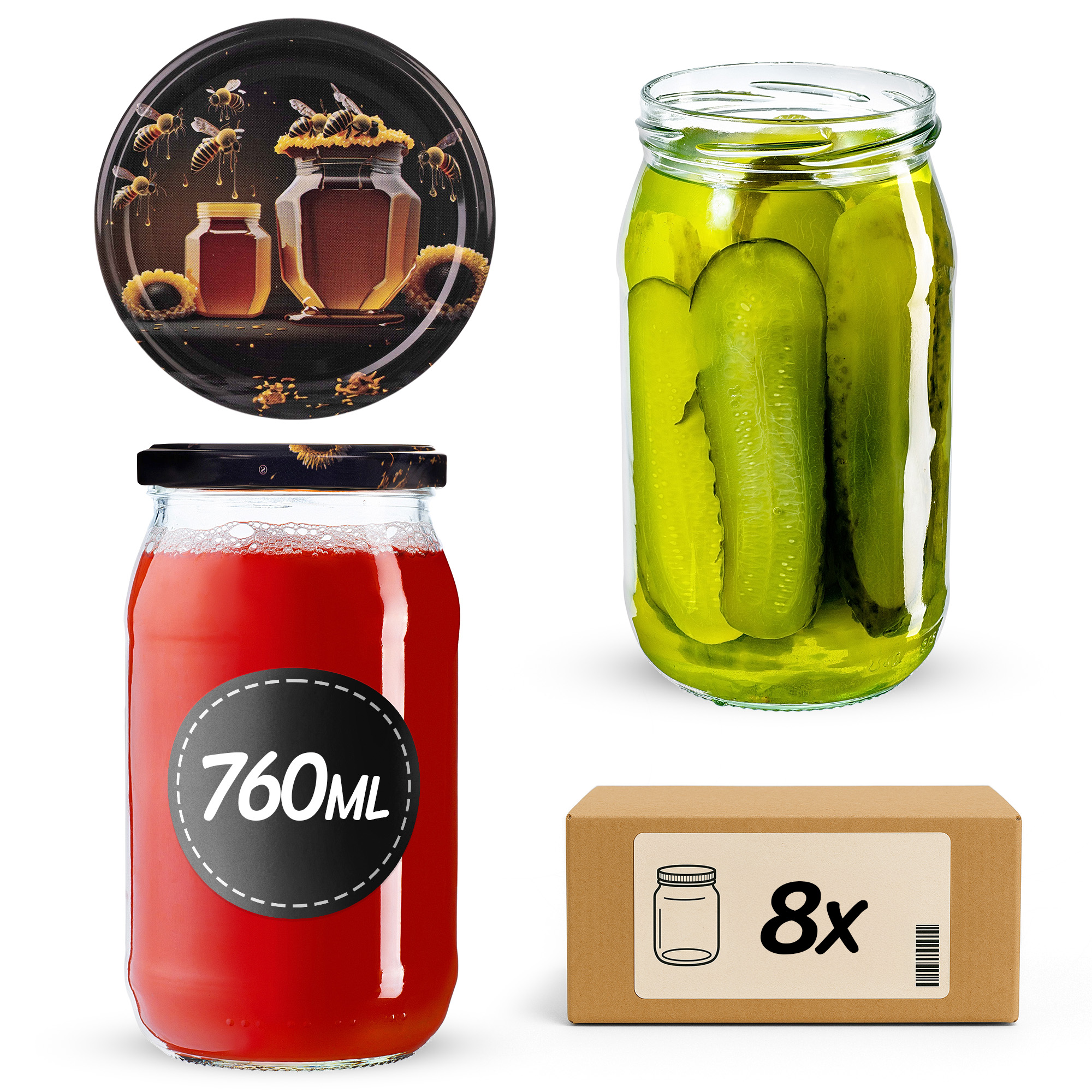 Słoiki na przetwory Niva 760ml fi82mm 8szt + wieczko Miód czarny