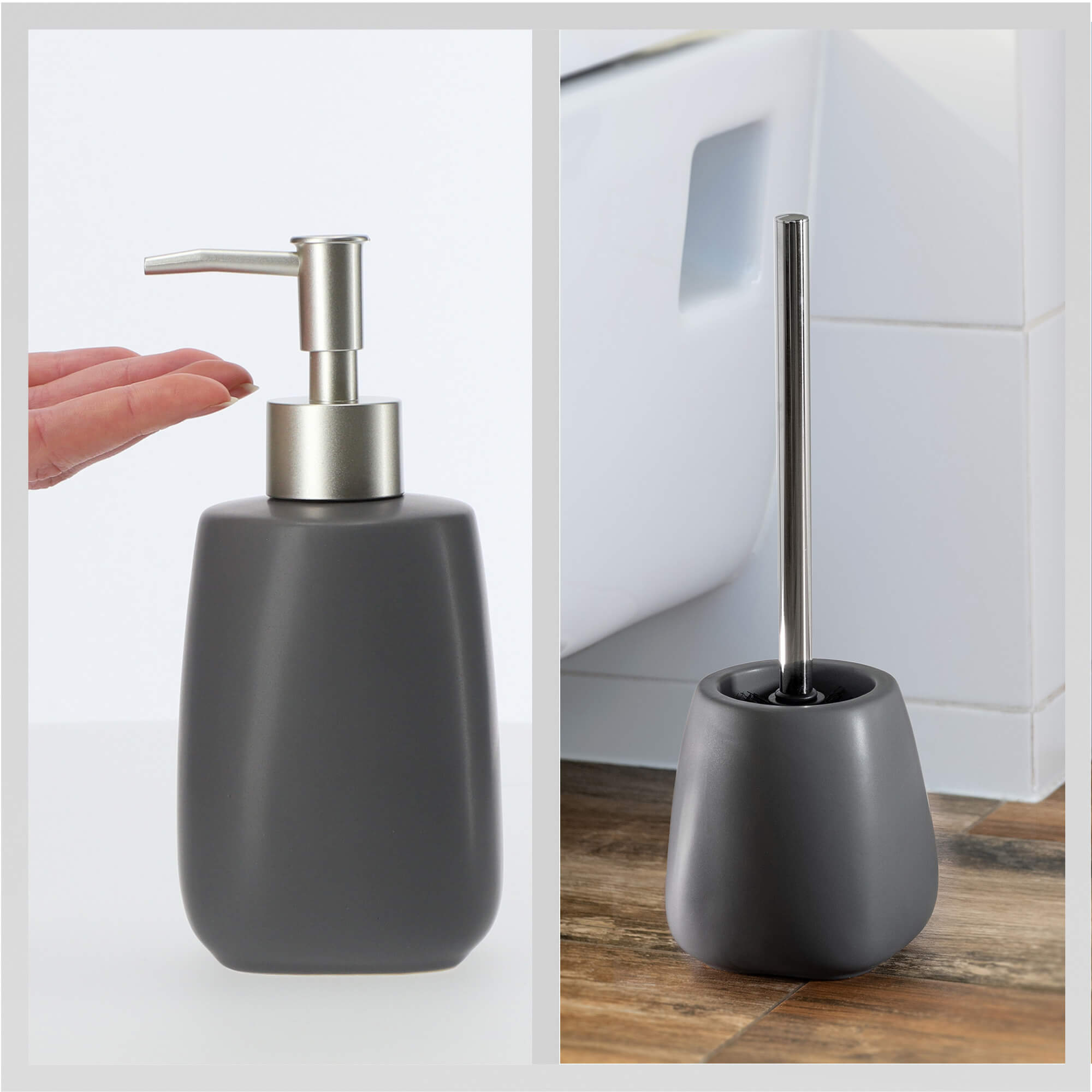 Zestaw dozownik na mydło + szczotka WC, szary