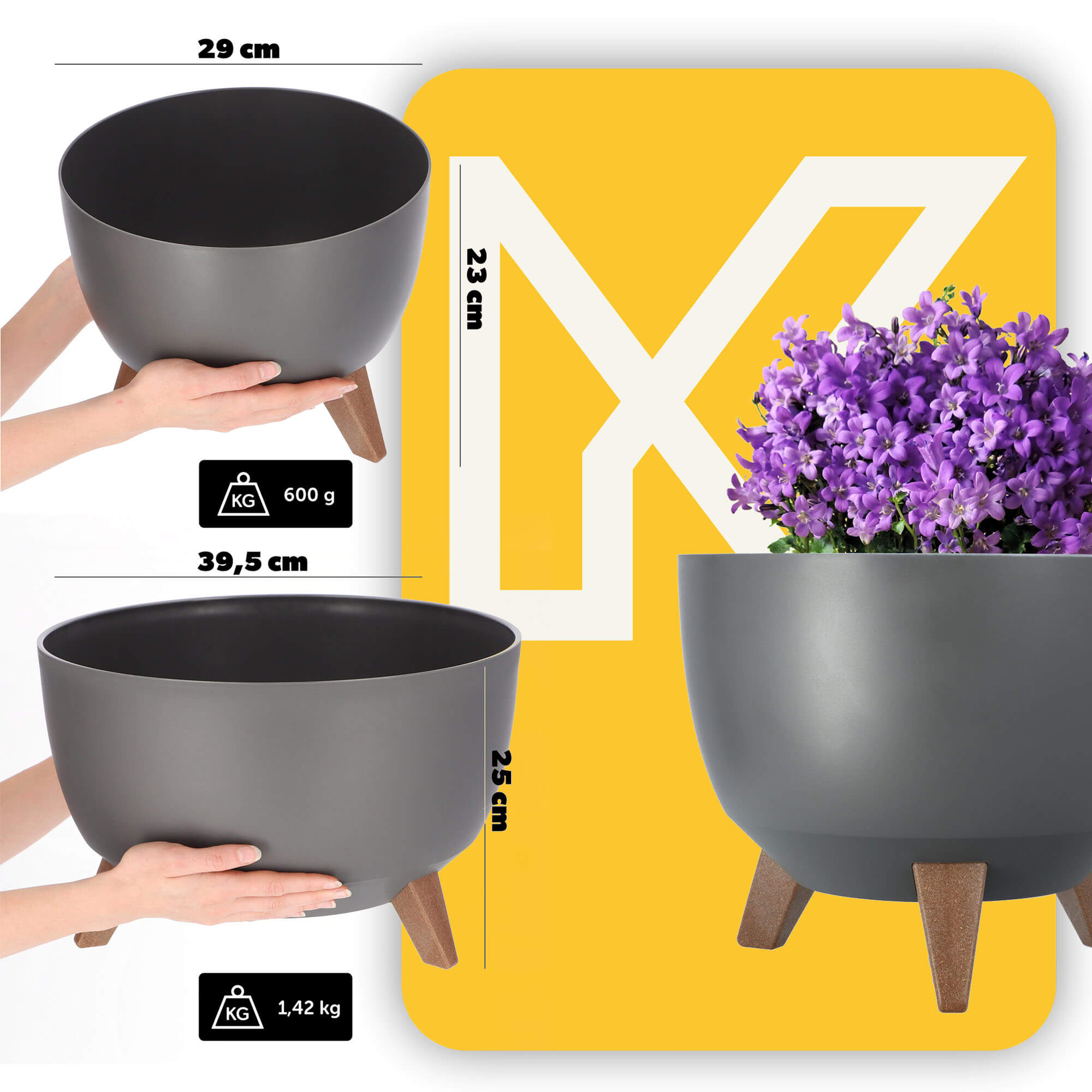 Misa na kwiaty z nóżkami antracyt Luri 29 cm + 40 cm, 2 szt.