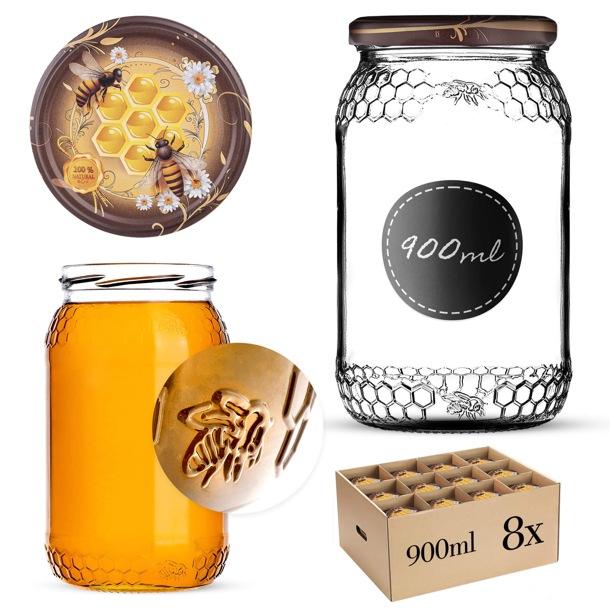 Szklany słój Lierde 900ml 82mm 8 szt. + wieczka "Pszczoły z kwiatkami"
