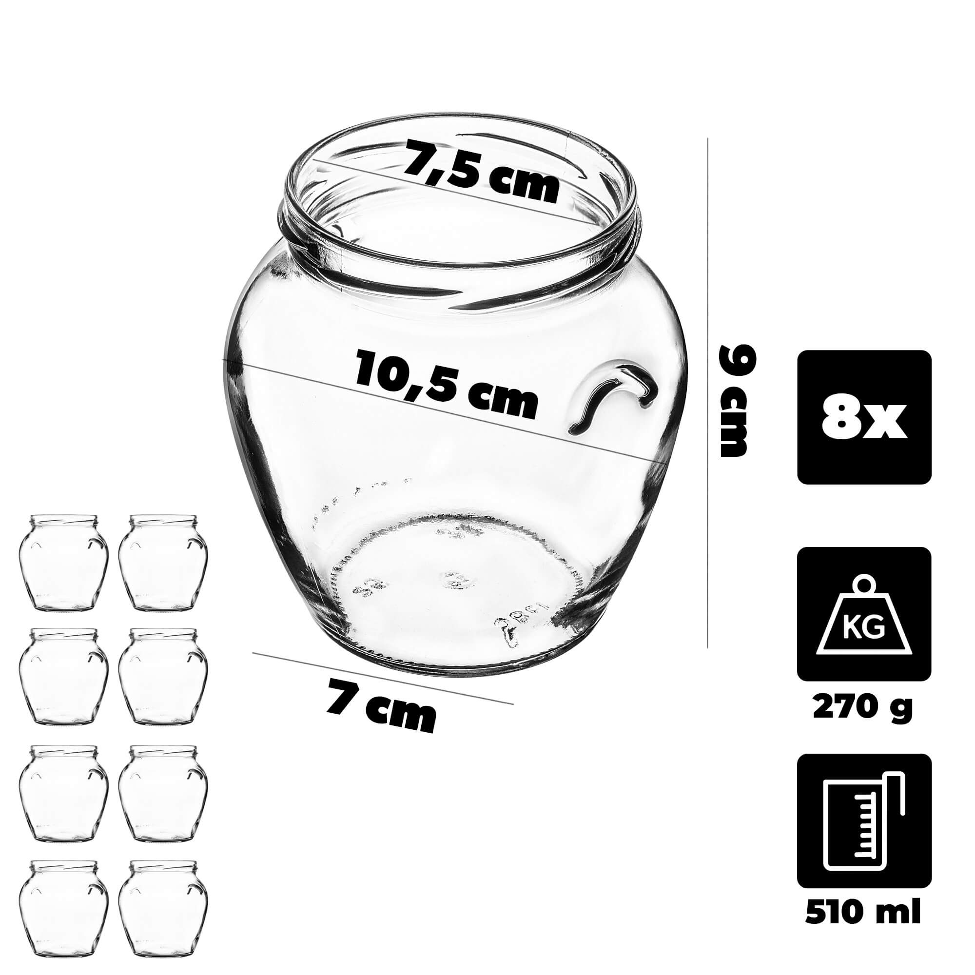 Słoiki na przetwory Sassa 580ml 8szt 82mm + wieczka czarno-złote Orbit