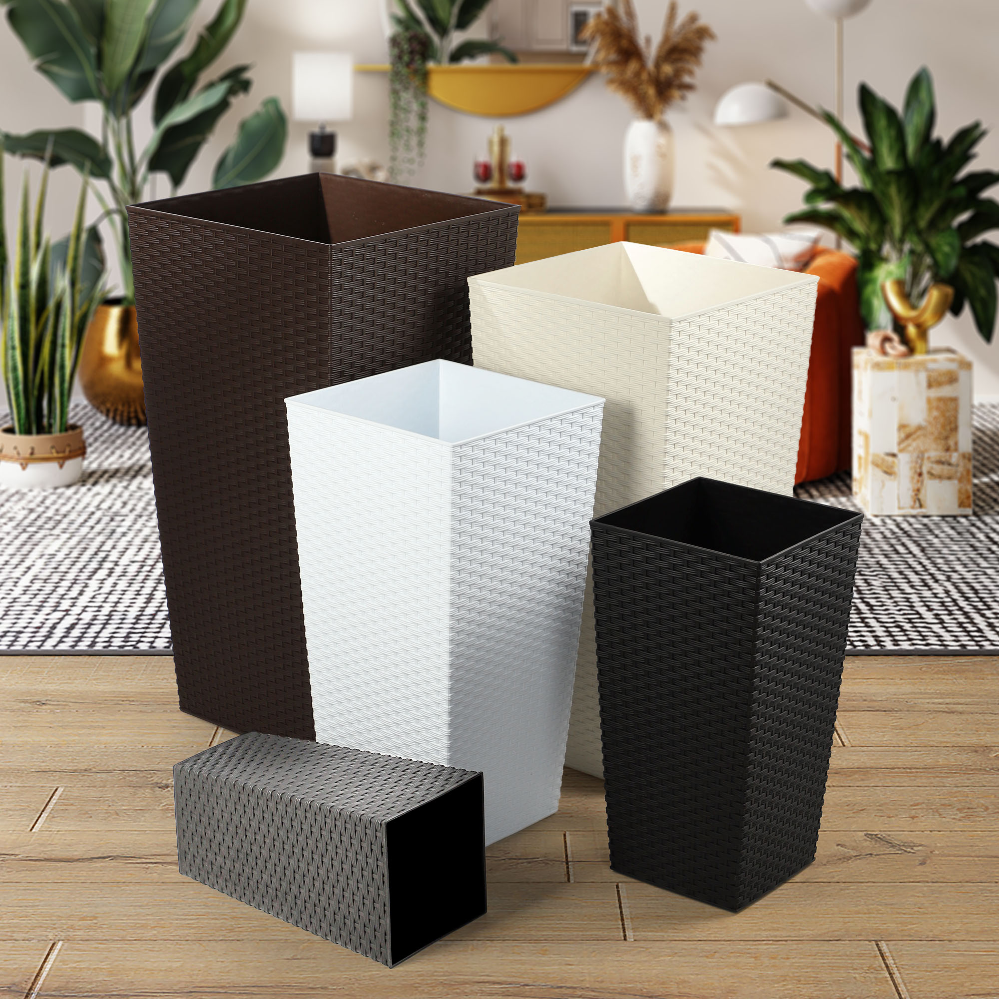 Donice na kwiaty z wkładem Pesaro rattan 25 cm + 30 cm + 35 cm, białe