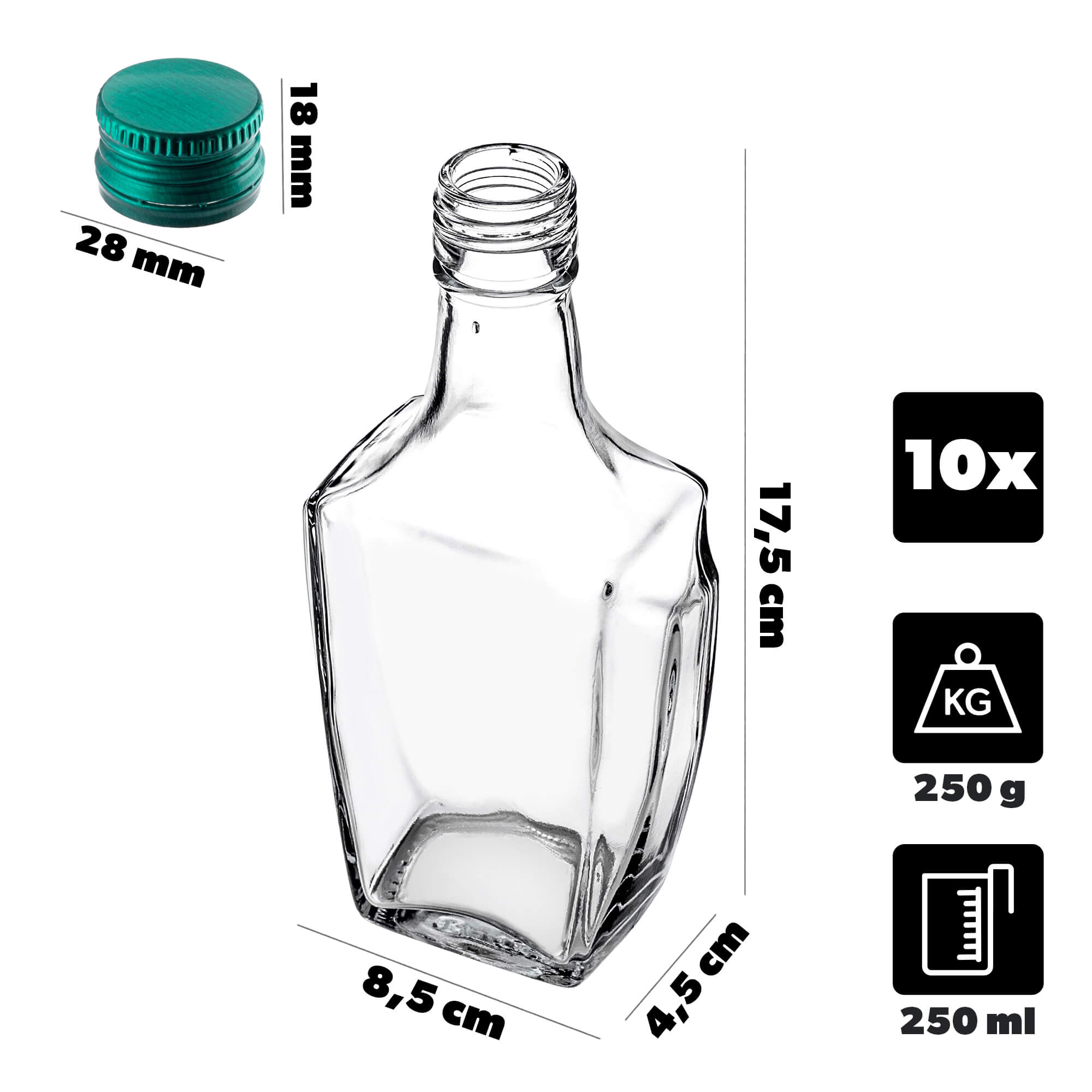 Szklana butelka na nalewkę Faenza 250ml z zieloną zakrętką 10 szt.