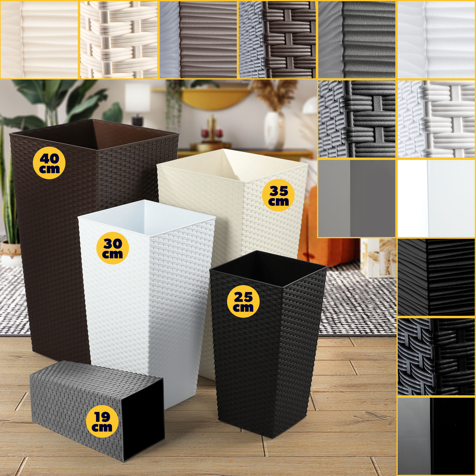 Donice na kwiaty z wkładem Pesaro rattan 19 cm + 25 cm + 30 cm, mokka