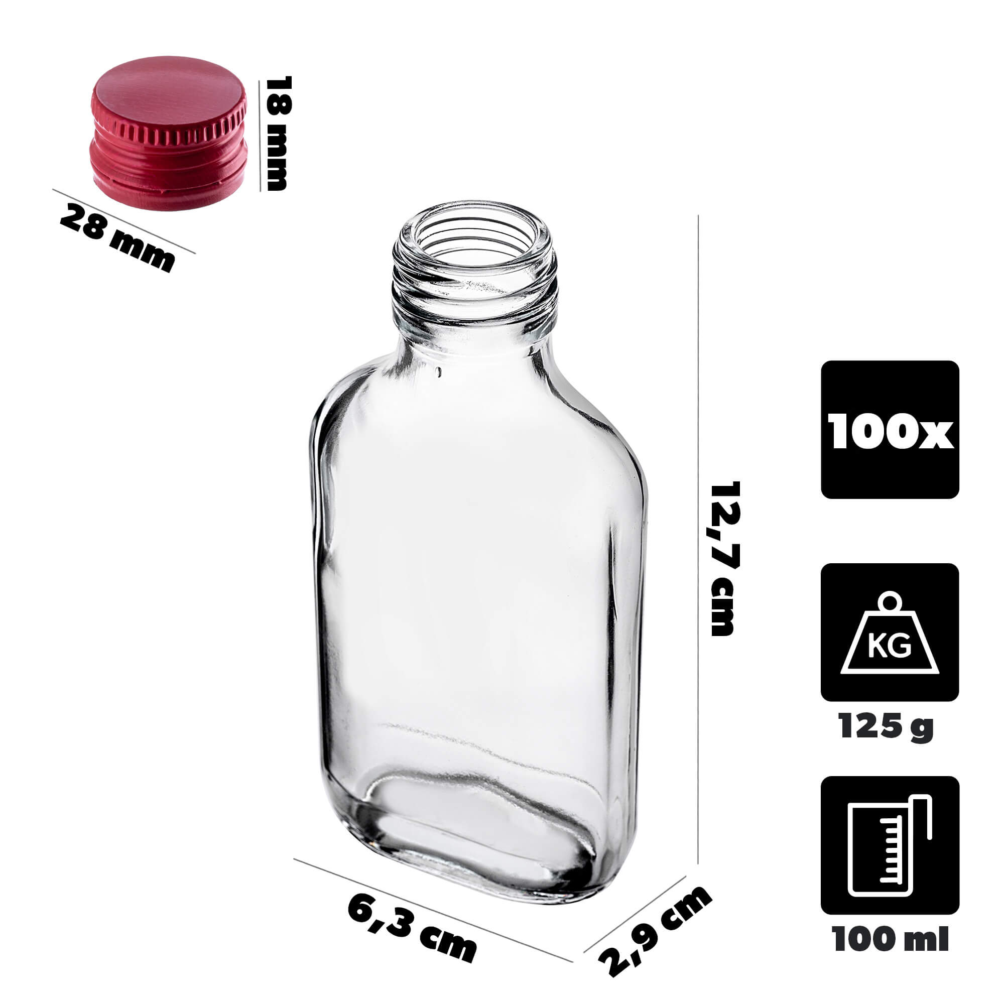 Butelka piersiówka Viane 100ml z czerwoną zakrętką 100 szt.