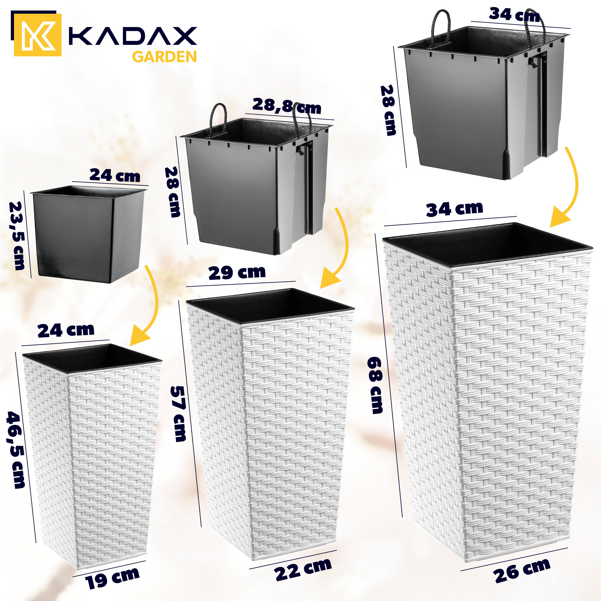 Donice na kwiaty z wkładem Pesaro rattan 25 cm + 30 cm + 35 cm, białe