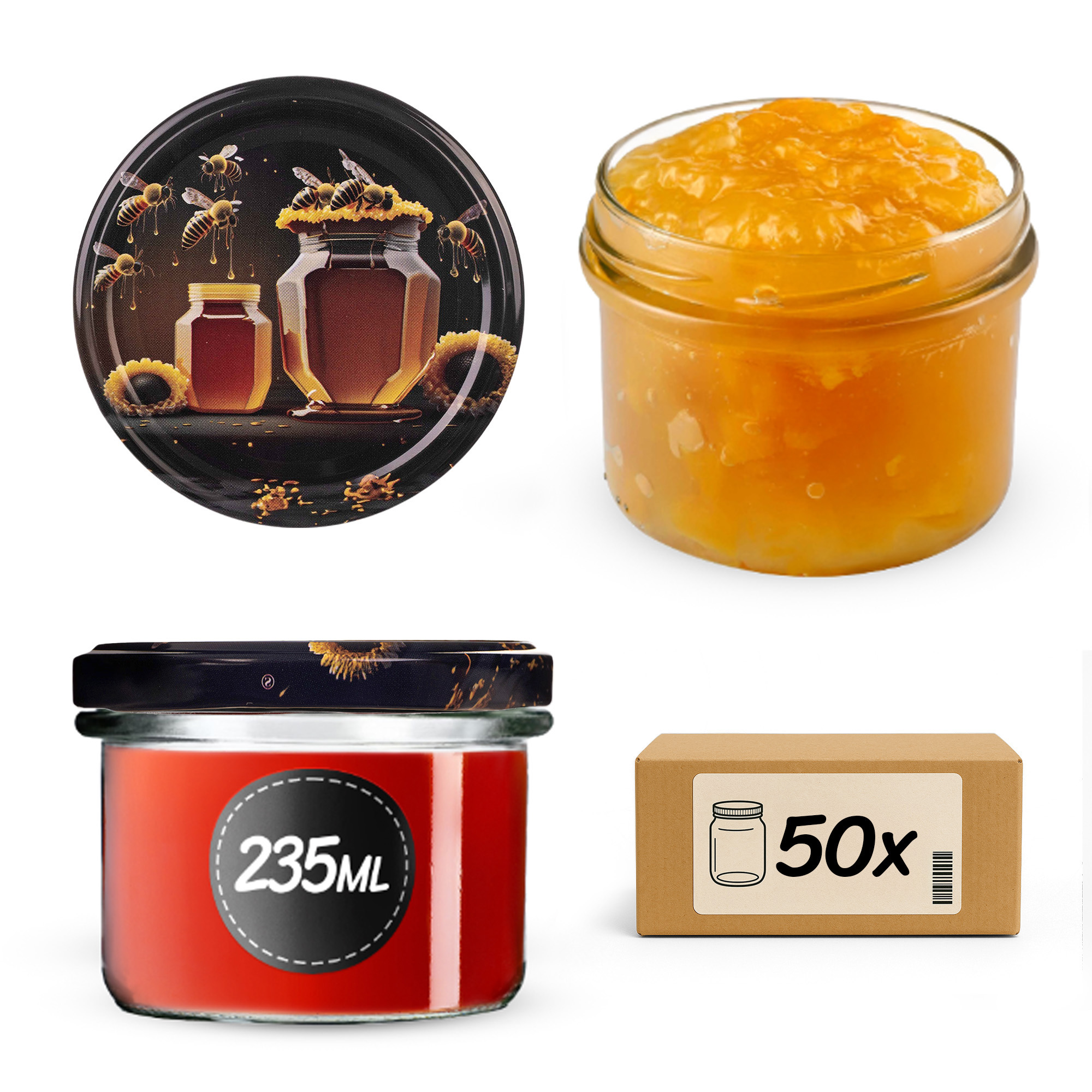 Słoiki na przetwory Tartu 235ml 50szt 82mm + wieczka "Czarny miód"