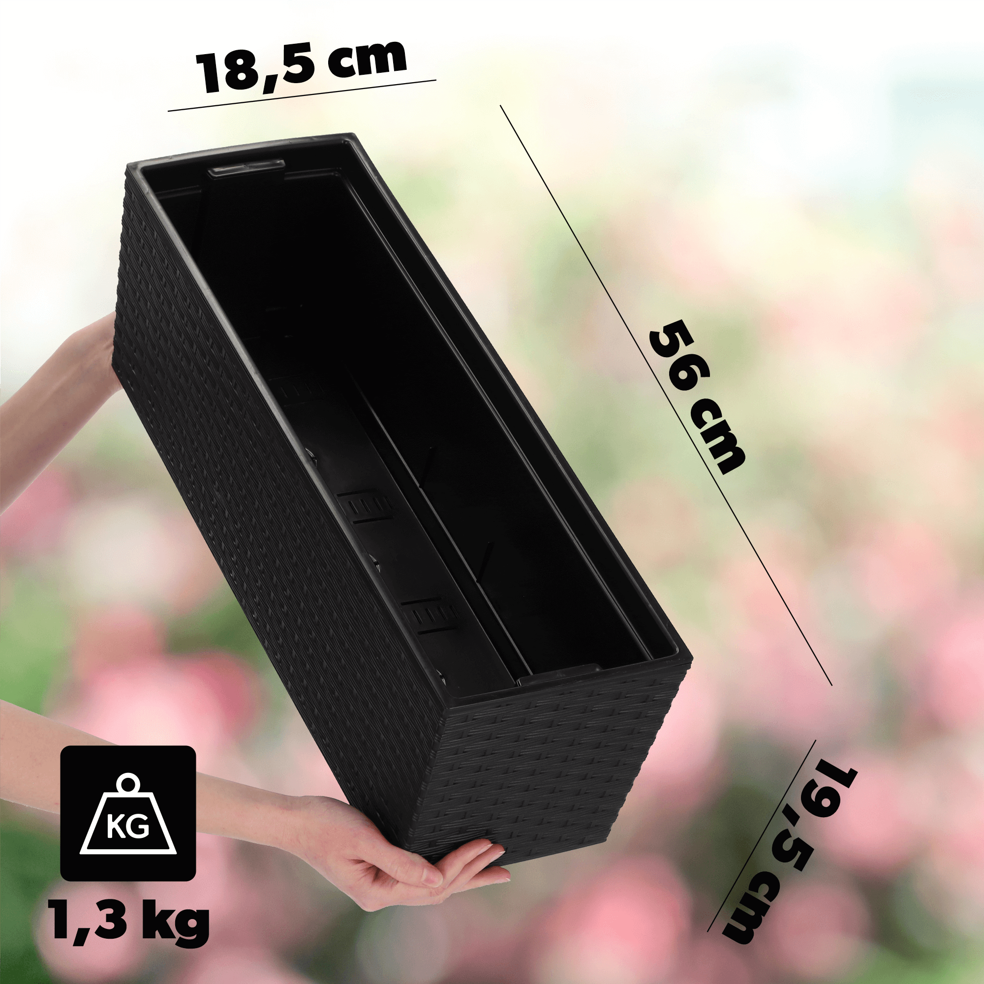 Doniczka balkonowa rattan z wkładem Murano 56 x 19 cm, czarna