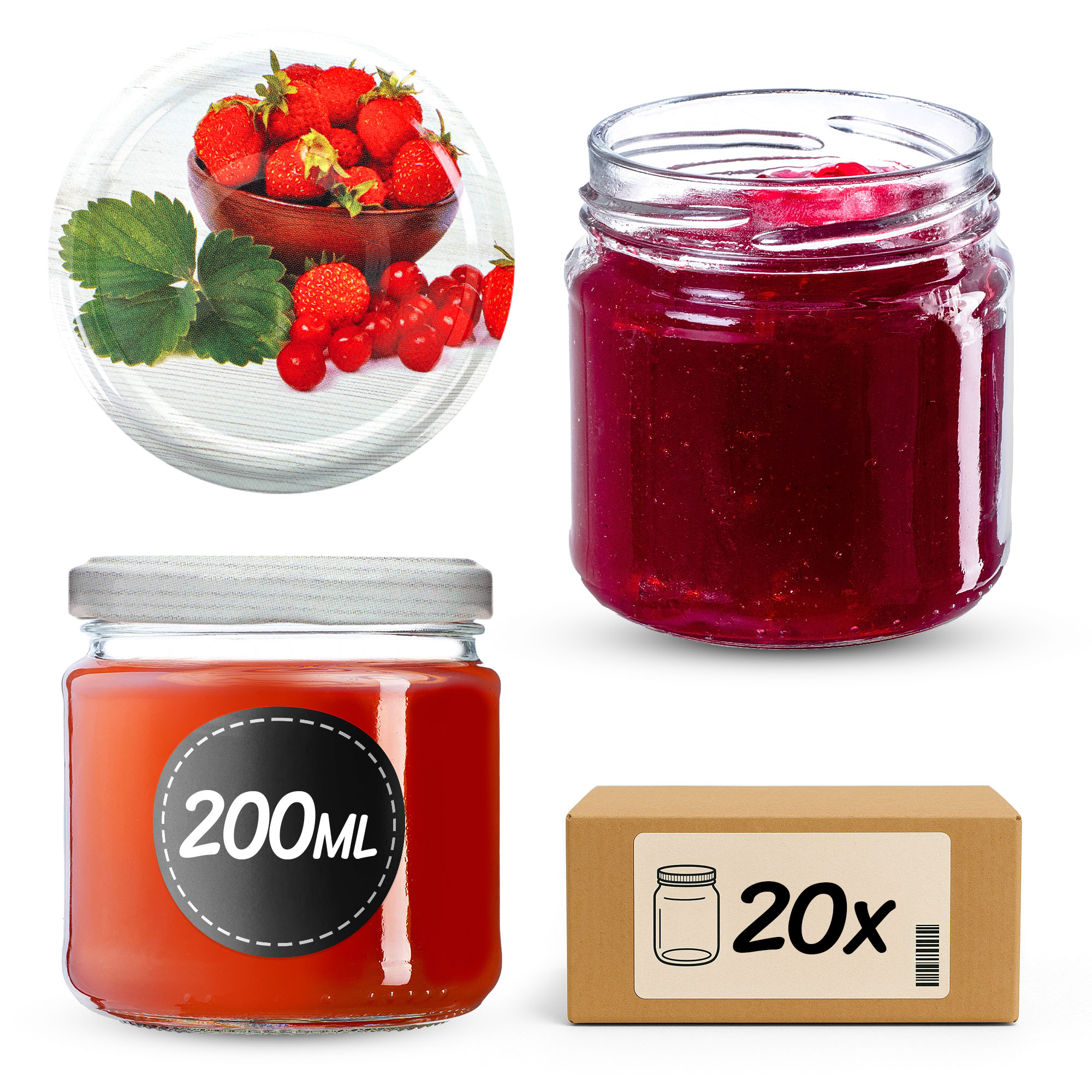 Słoiki na przetwory Lerma 200ml 20szt 66mm + wieczka "Truskawki"