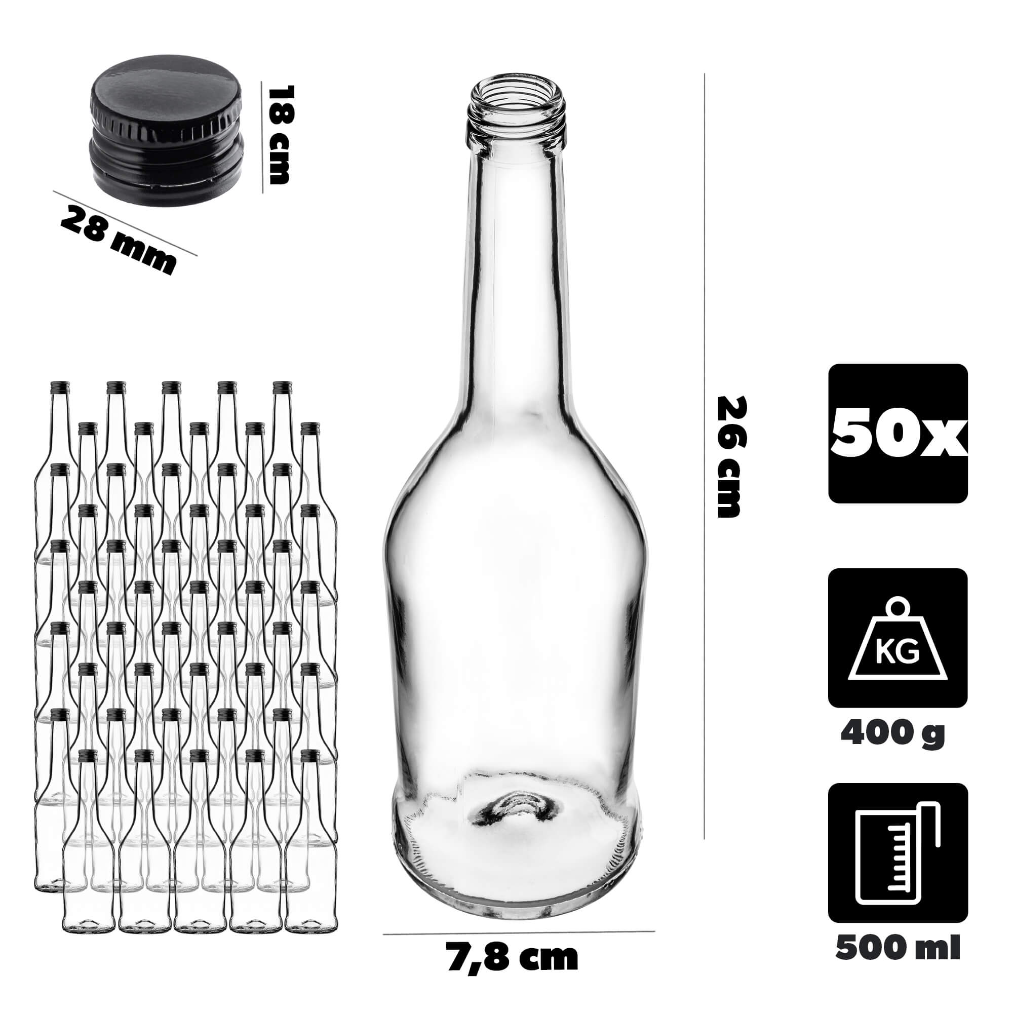 Szklana butelka na nalewkę Loiret 500ml z czarną zakrętką 50 szt.
