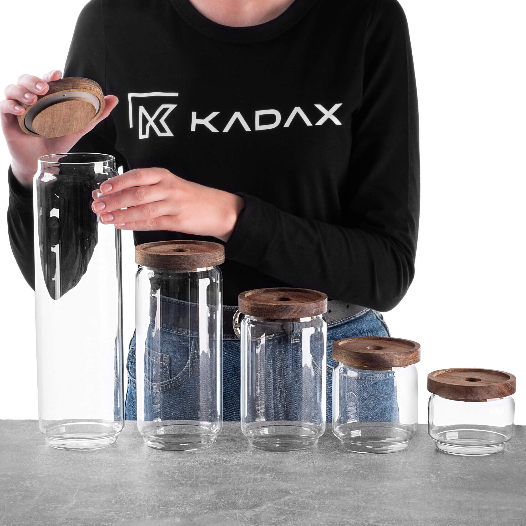 Zestaw pojemników szklanych na żywność Rucce z drewnianą pokrywką 250ml+450ml+750ml+950ml+1550ml