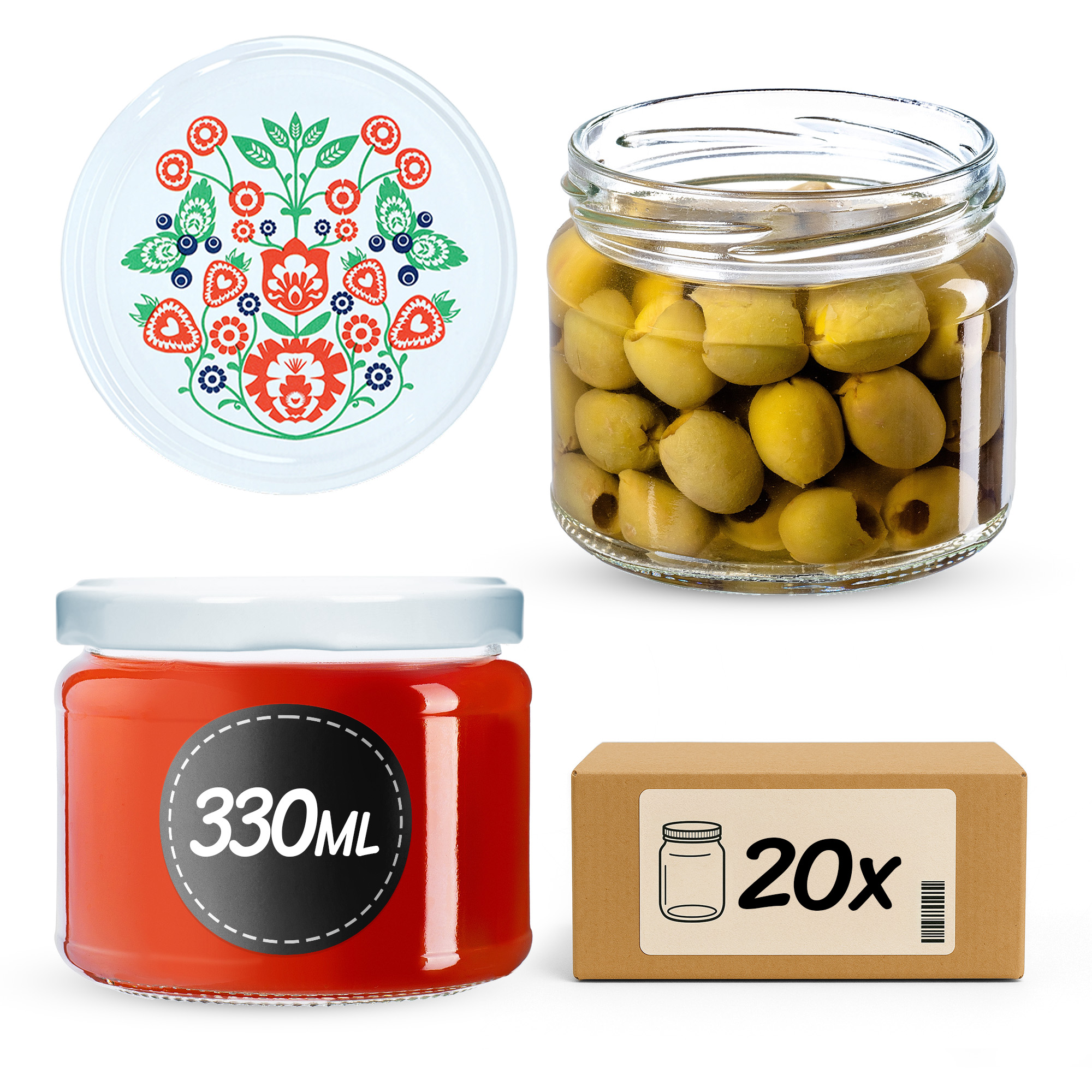 Słoiki na przetwory Sonka 330ml 20szt 82mm + wieczka "Folklor"
