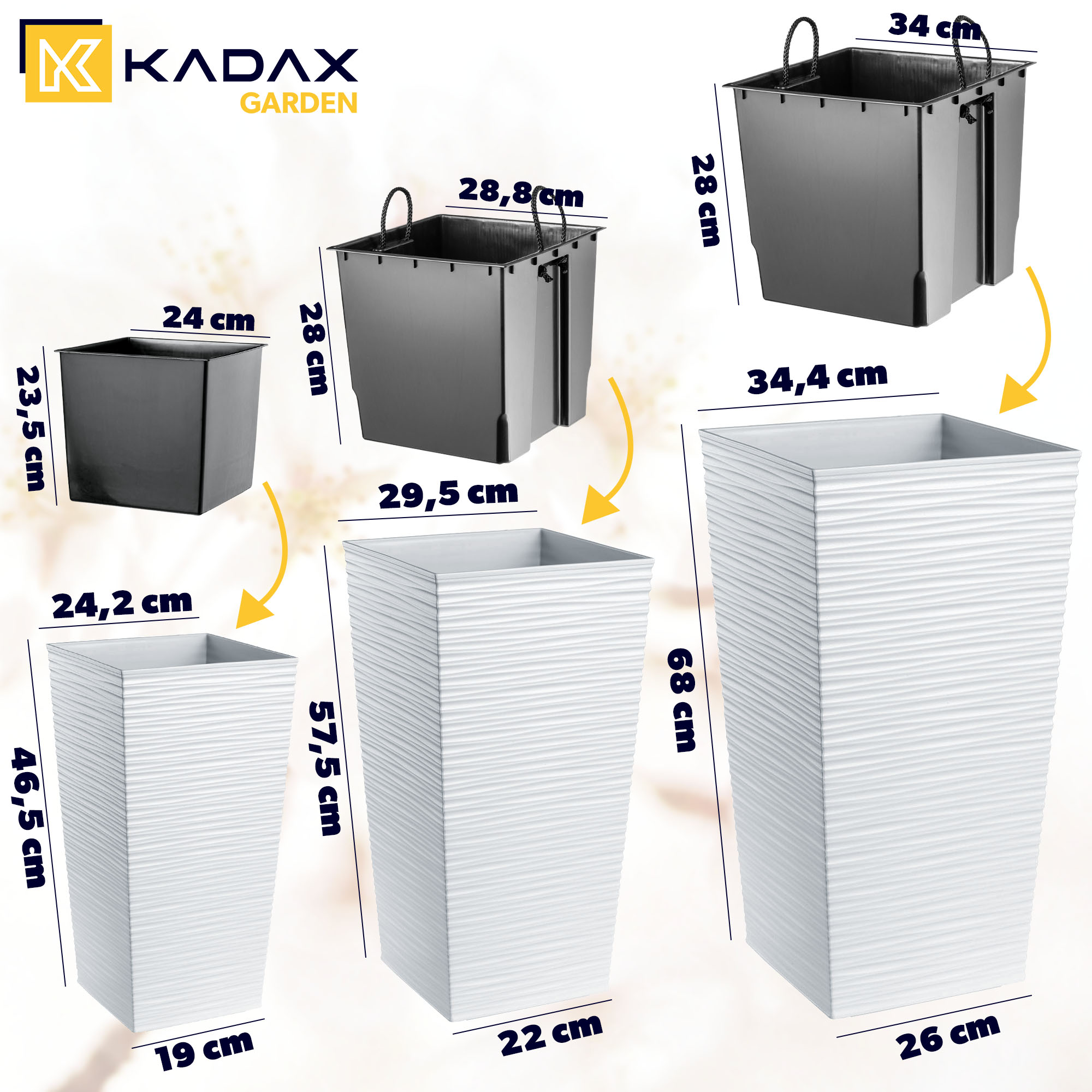 Donice na kwiaty z wkładem Tuluza dłuto 25 cm + 30 cm + 35 cm, białe
