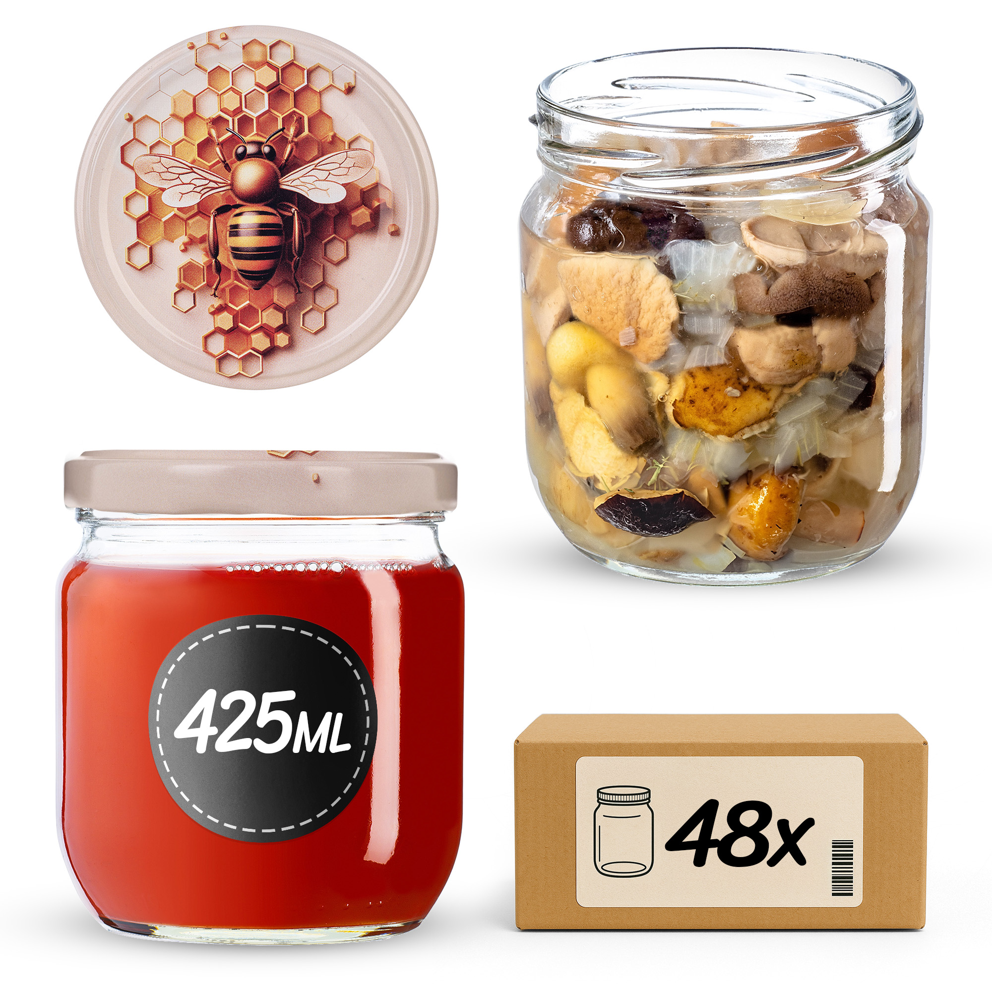 Słoiki na przetwory Salla 425ml fi82mm 48szt + wieczko Pszczoła