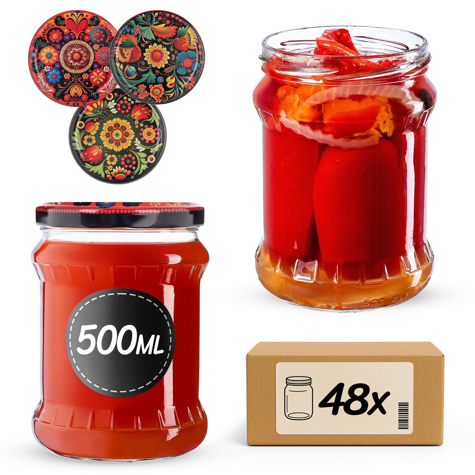 Słoiki na przetwory Kisko 500ml fi82mm 48szt + wieczko Haftowanka