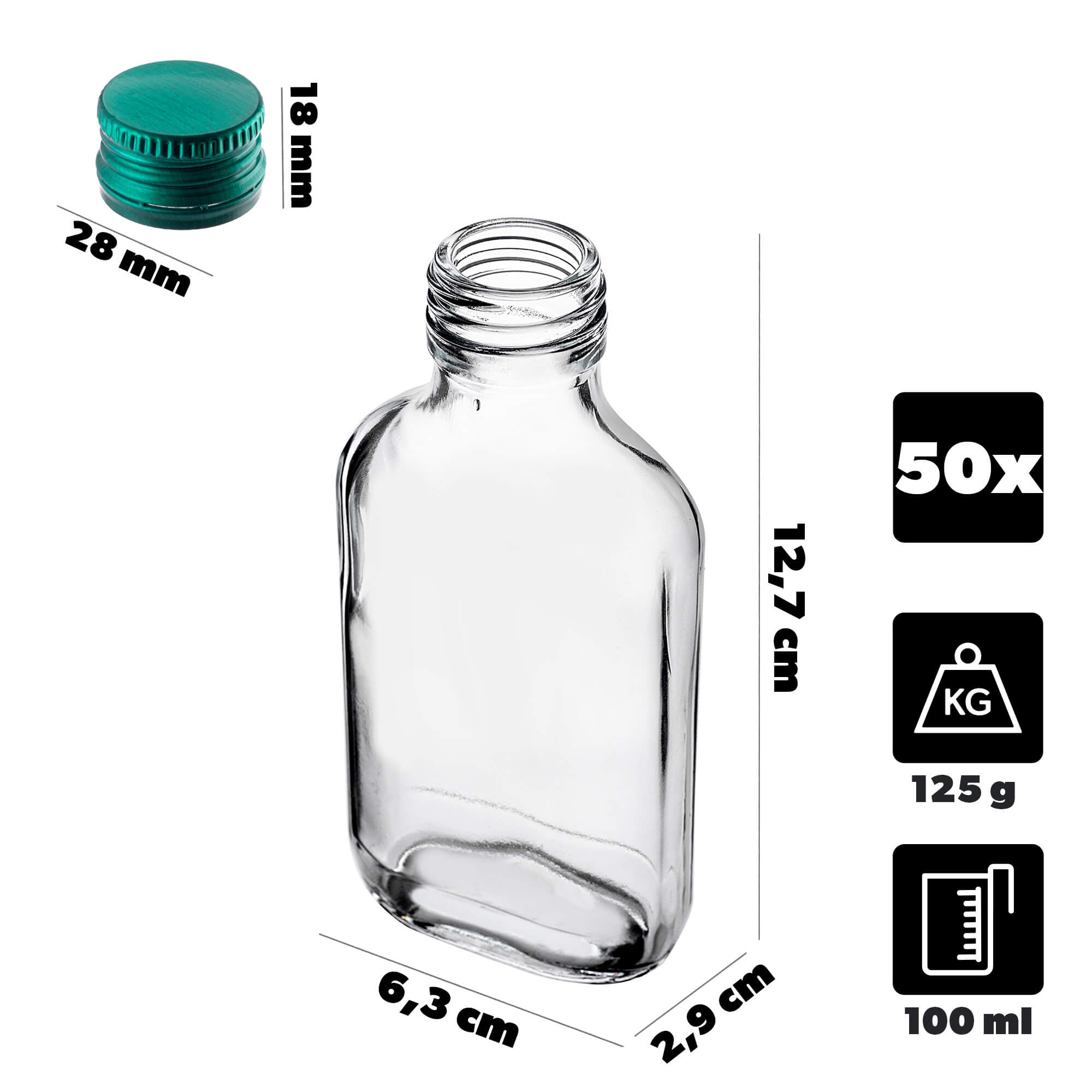 Butelka piersiówka Viane 100ml z zieloną zakrętką 50 szt.