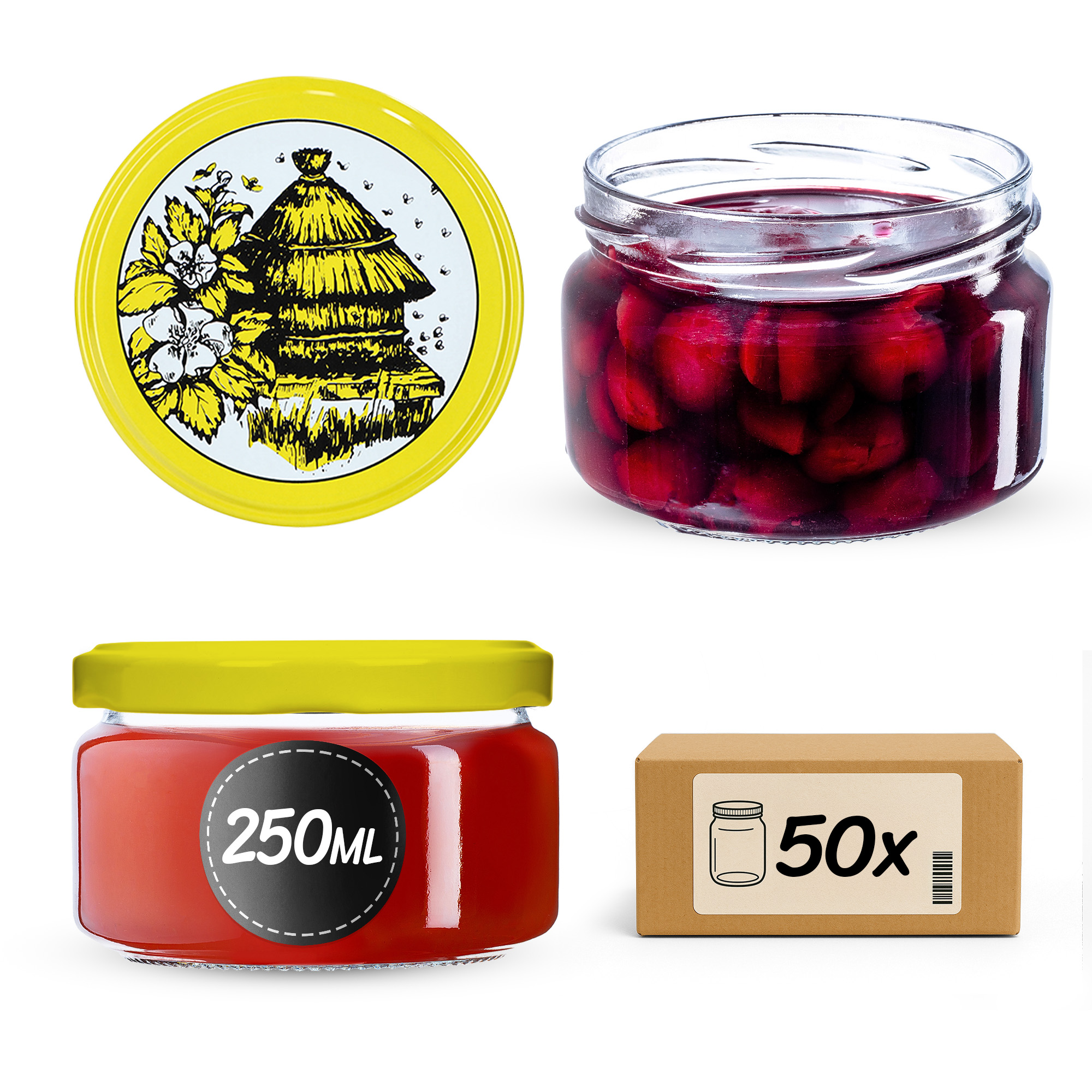 Słoiki na przetwory Denia 250ml 50szt 82mm + wieczko "Pszczoły"