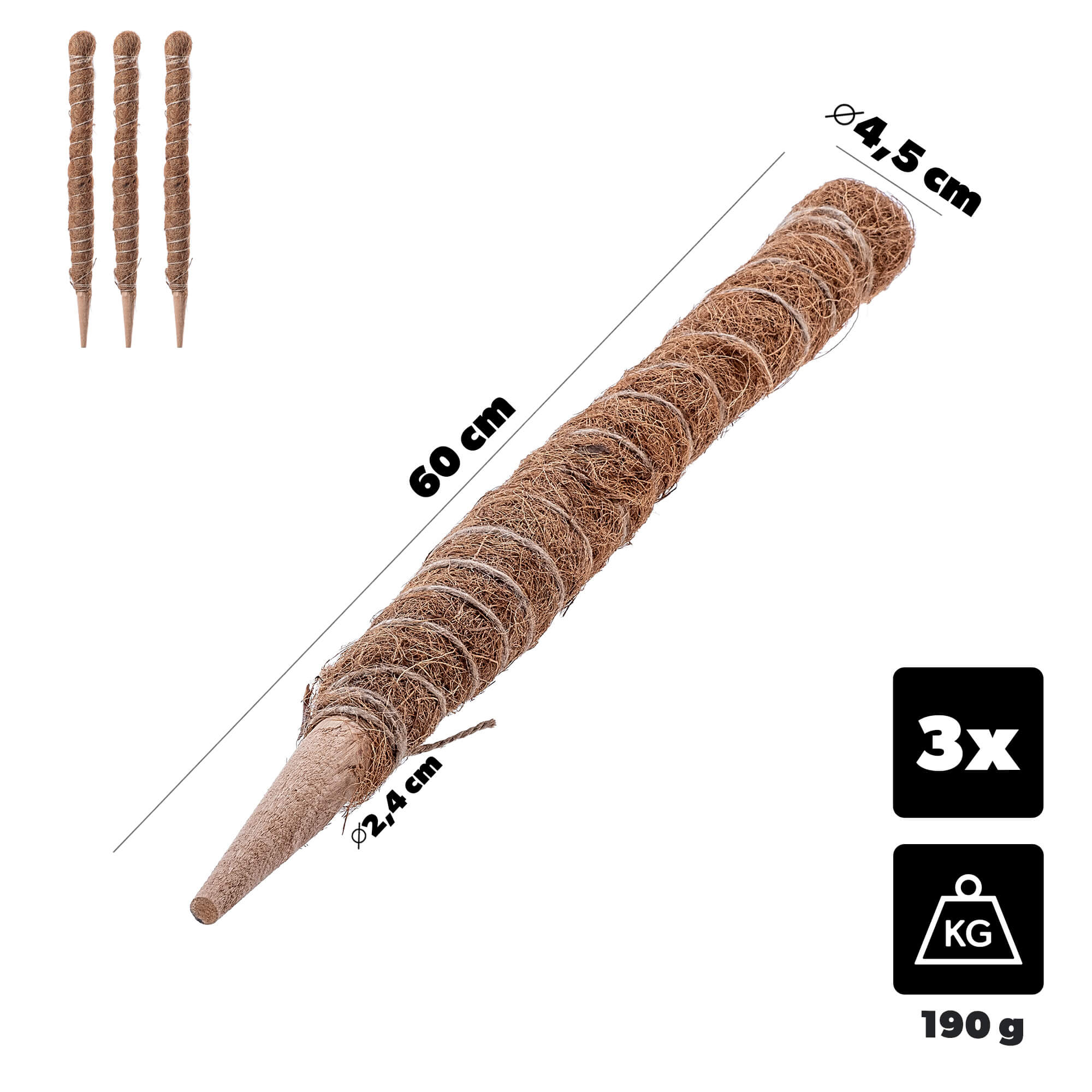 Tyczka do roślin kokosowa Cande 60 cm podpora doniczkowa 3 szt.